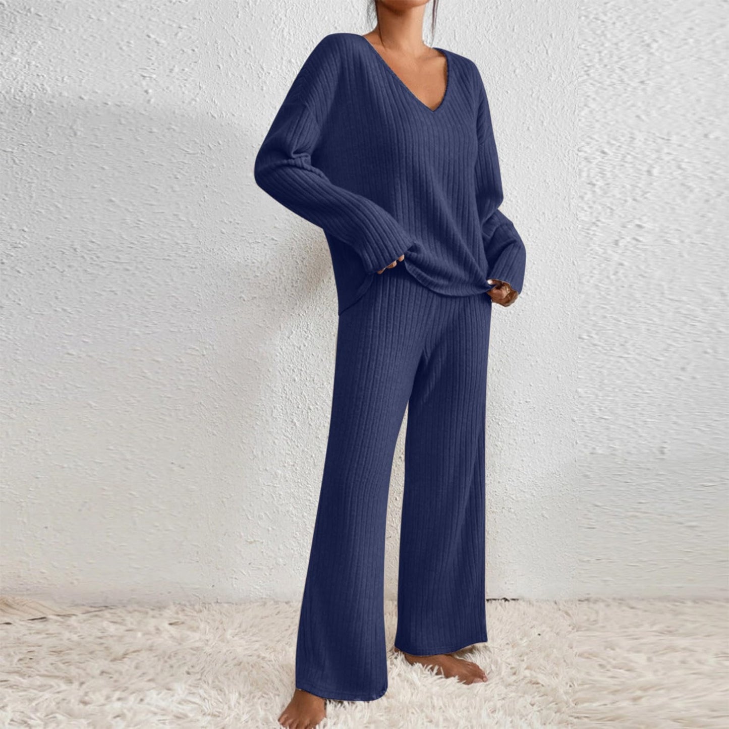 Hausanzug Damen Elegant Gestrickte Loungewear Einfarbig Strickanzug Langarm Schlafanzüge Zweiteiler V-Ausschnitt Homewear Locker Freizeitanzug Outfit Weites Bein Hose mit Taschen Lounge Set