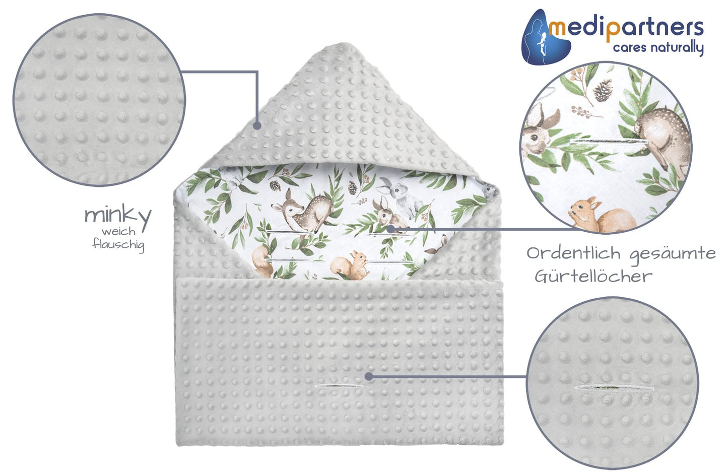 Medi Partners Einschlagdecke Baby Babyschale 100% Baumwolle für Sommer 85x85cm Kinderwagen Kuscheldecke universal Baby Decke Einschlagdecken Babydecke Buggy Autositz (weiße Sterne mit grauen Minky