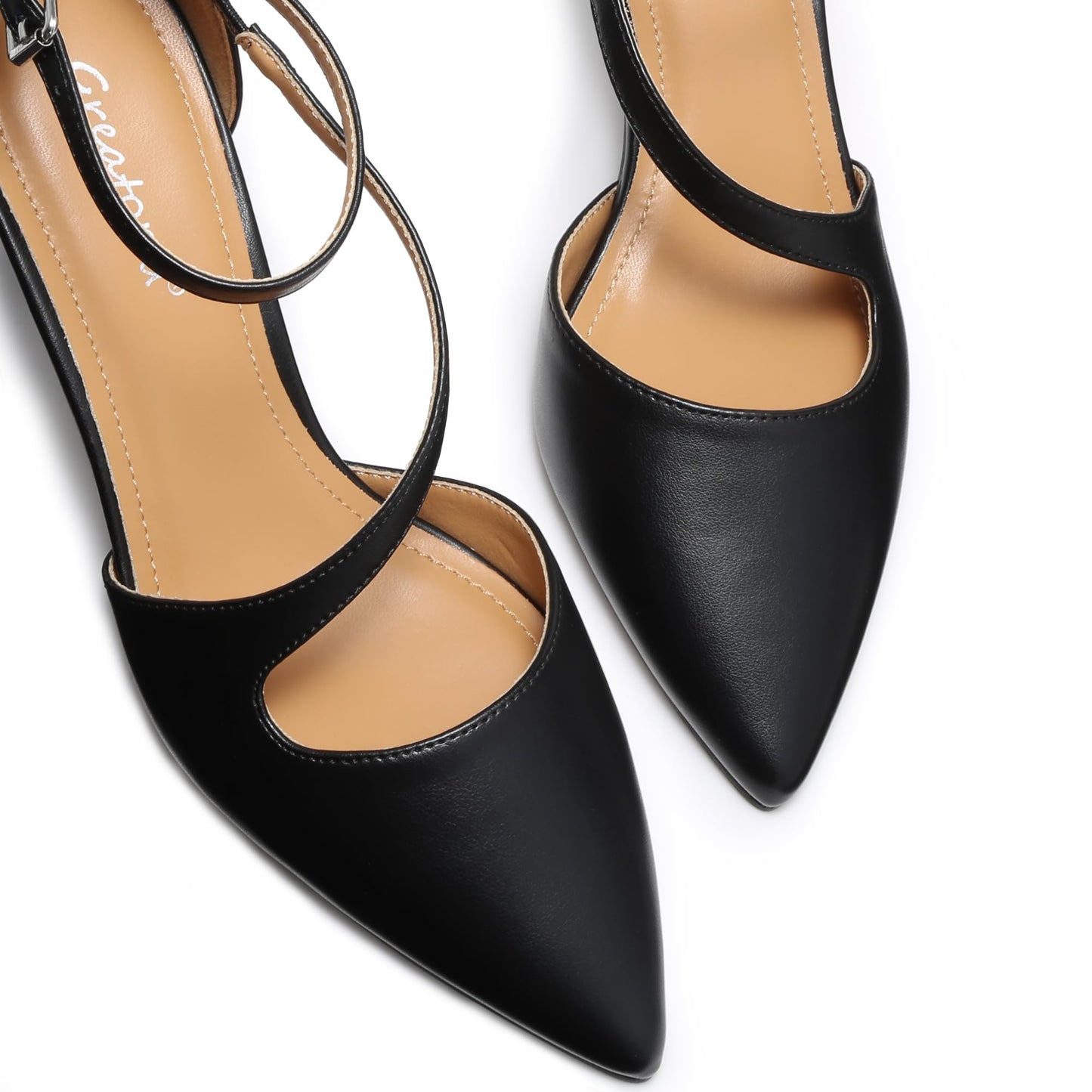Greatonu Women's Pointed Toe Court Shoes with Ankle Strap and Kitten Heel