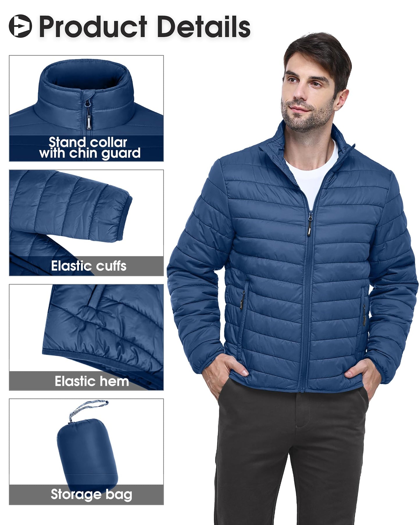 Outdoor Ventures Herren Steppjacke Packbare Leichte Warme Übergangsjacke Herren Wasserfeste Pufferjacke mit 3 Taschen für Outdoor Casual Wandern