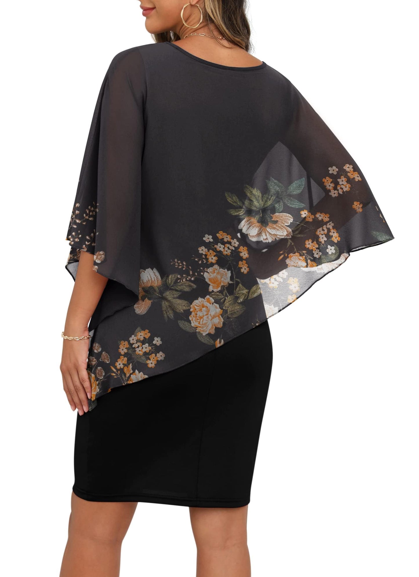 QIXING Damen Chiffon Cape Cocktialkleid Rundhals Ausschnitt Bleistiftkleid Sommerkleid Damen Knielang Elegant Abendkleid Mit Overlay Casual Bodycon Kleider