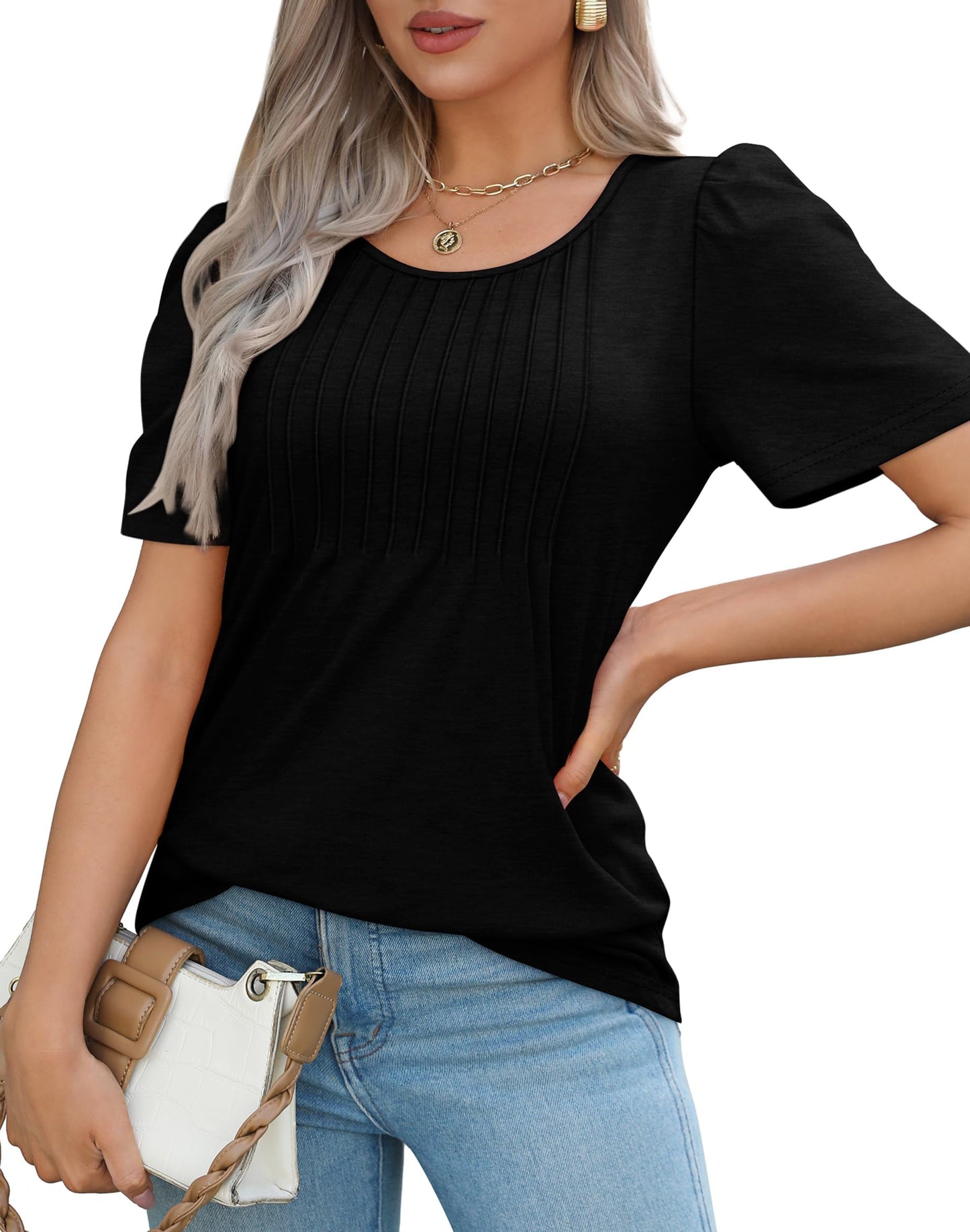 Cuptacc Tshirt Damen Rundhals Mit Falten Locker Puffärmel T-Shirt Elegant Kurzarm Geblümt/Einfarbig Top Damen
