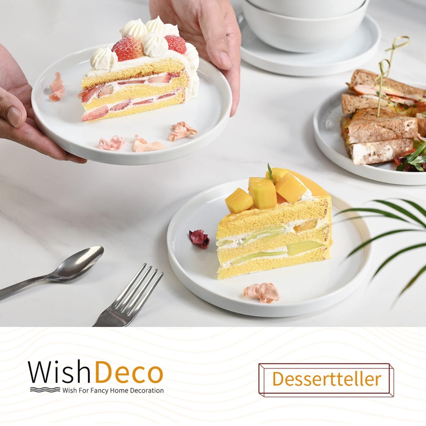 WishDeco Dessertteller 6er Set, Weiße Kuchenteller Φ18cm, Speiseteller Porzellan, Frühstücksteller Weiß mit erhöhtem Rand, Kleine Servierteller für Salat, Pasta, Brot, Vorspeisen