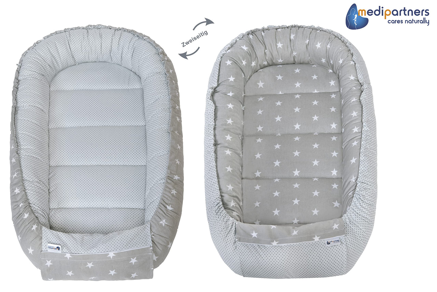 Medi Partners Babynest Nestchen Baby Set für Neugeborene - 100x60x15 Kuschelnest 5 teilig tragbar Nest zweiseitig Babynestchen Bett 100% Baumwolle (Lichtung mit grauem Minky)