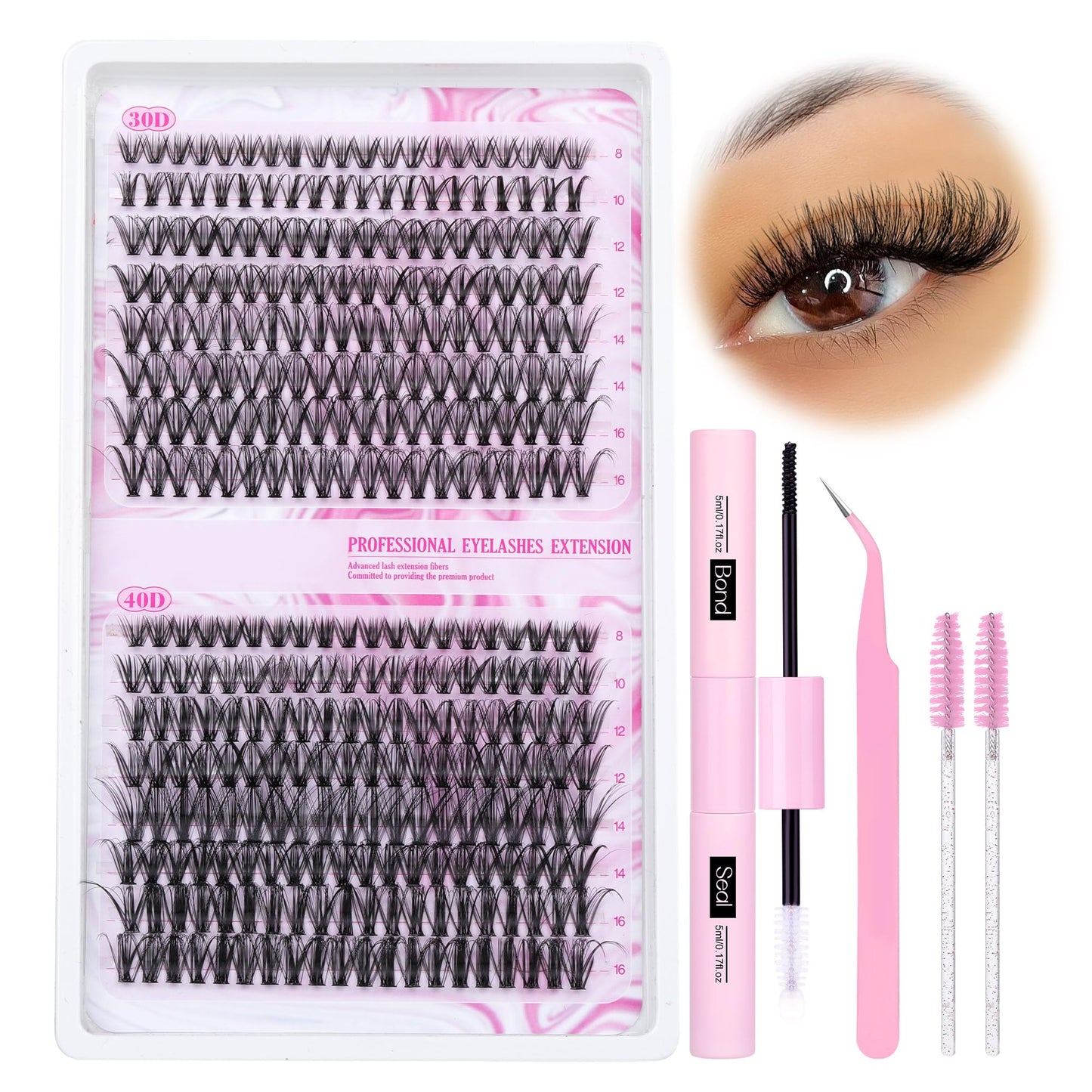 Wimpern Extensions Set Künstliche Wimpern Natürliche DIY Wimpernverlängerung Cluster Wimpern 16MM Individuelle Lashes Kit 40D Nerz Wimpern Fluffy mit Lash Bond und Seal Lash Tweezers
