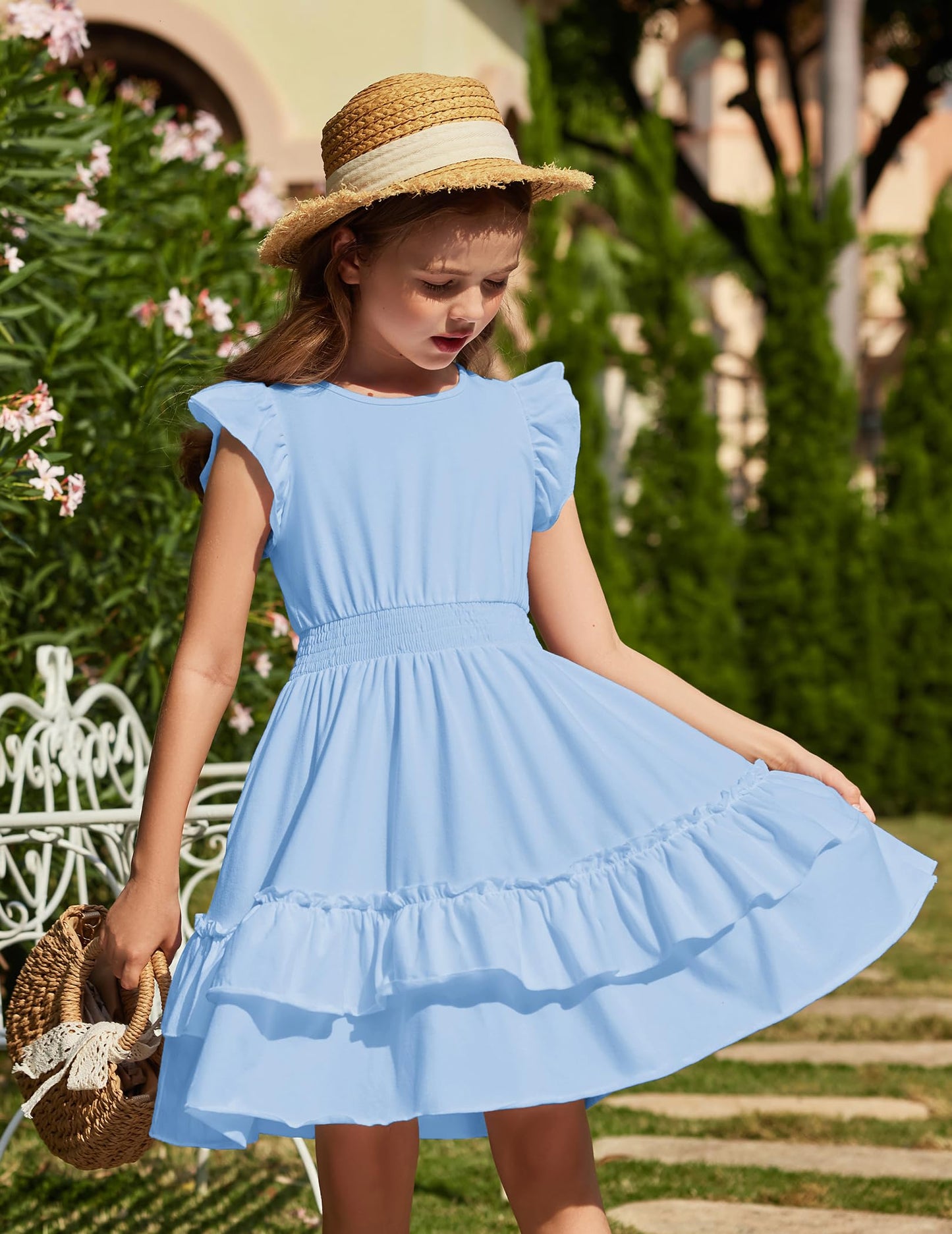 Arshiner Mädchen Kleider Flatterärmel Kinder Sommer Baumwolle Festliche Kleid A-Linie Taille Einschnüren Freizeitkleid Swingkleid Elegant ärmelloses Kleid für Mädchen 5-13 Jahre