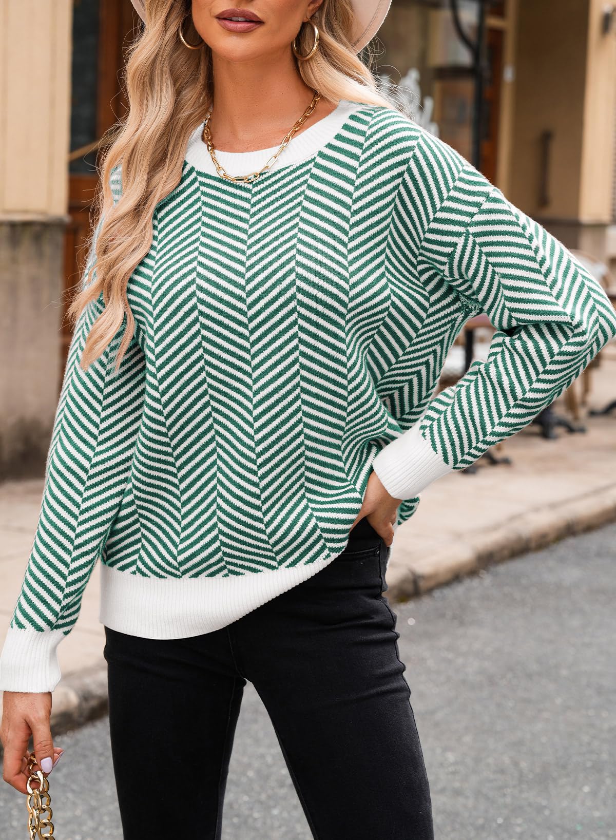Dokotoo Damen Pullover Elegant Rundhals Gestreifter Strickpullover Warm Herbst Winterpullover Pulli Sweater S-XXL