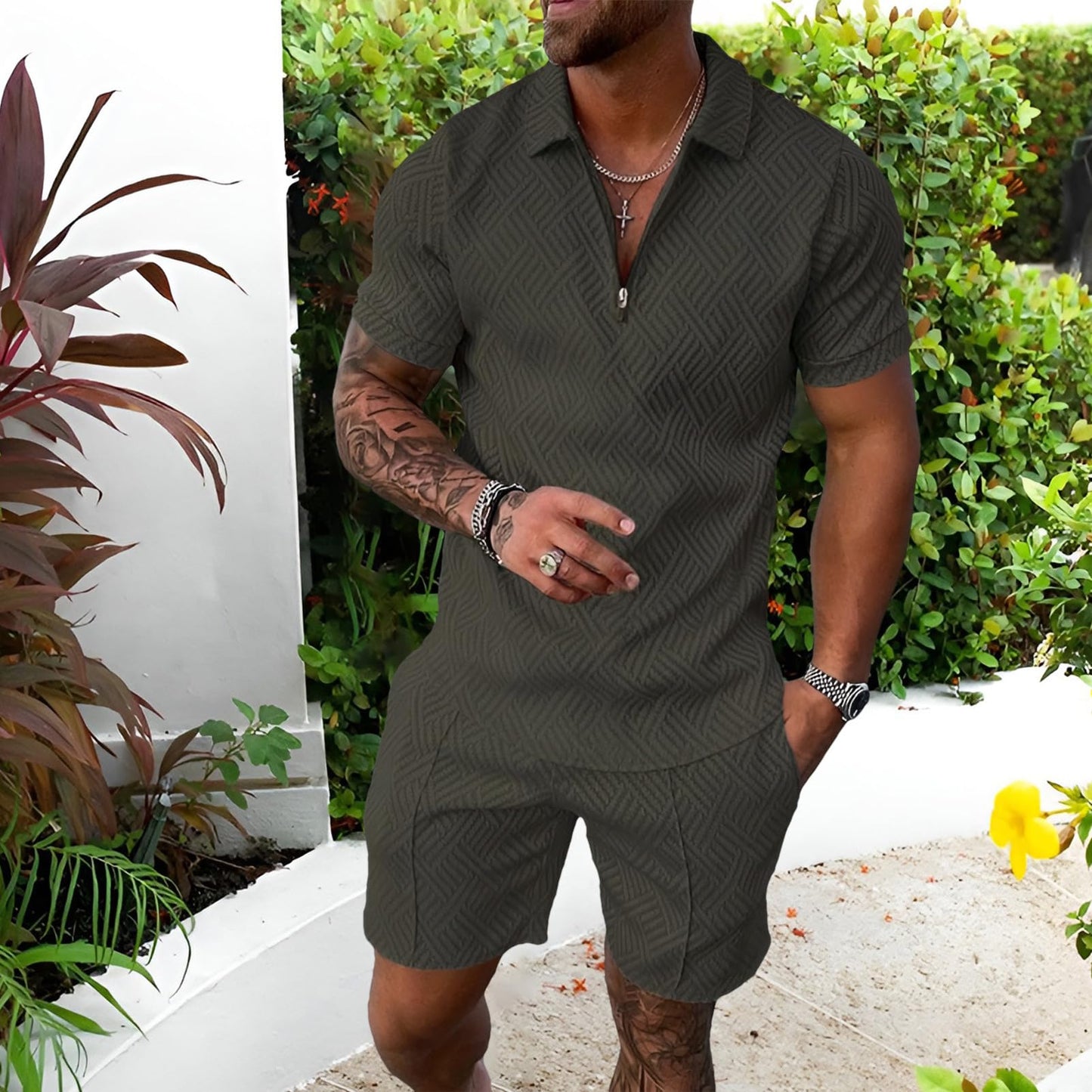 Herren Sportanzug Sommer Trainingsanzug Kurzarm Reißverschluss Top und Shorts Kleidung Set