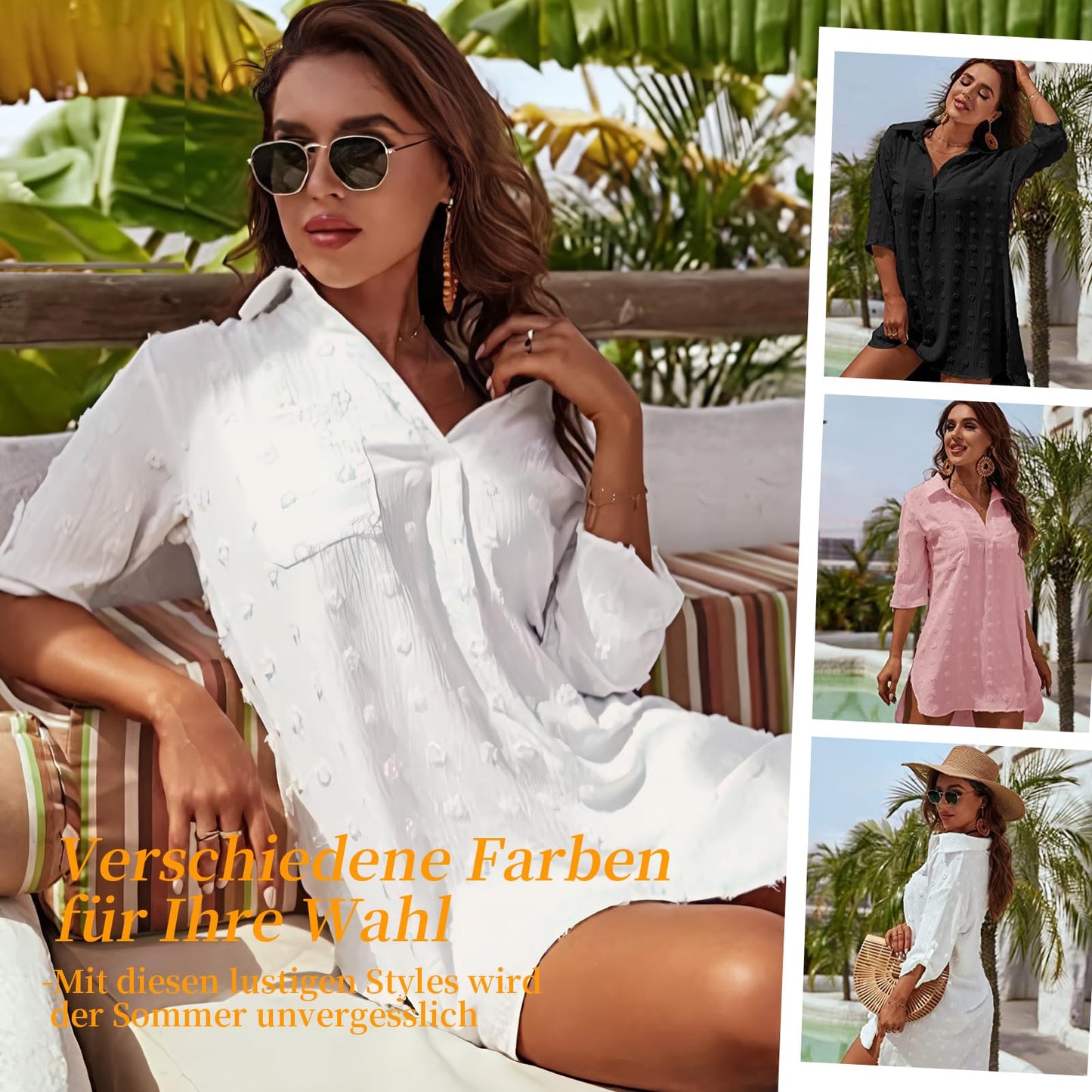 Figarge Strandkleid Damen Bikini Cover Up V-Ausschnitt Baumwolle Strandtunika Sommer Pareos Button Down Strandponcho Badeanzug Strand