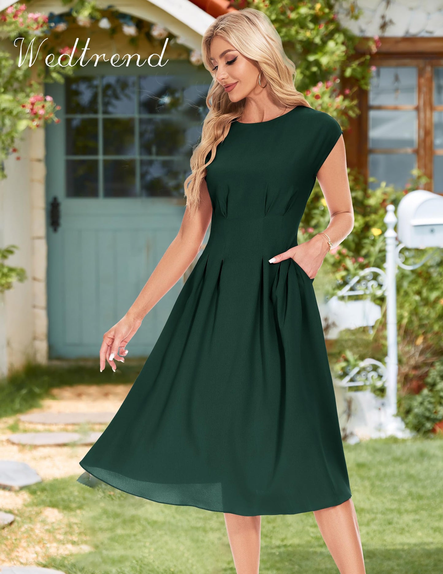 Wedtrend Cocktailkleid Damen Elegant Rockabilly Kleider Damen Midi Cap Sleeves Kleid Festlich Damen 50er Vintage A Linie Abendkleid mit Taschen