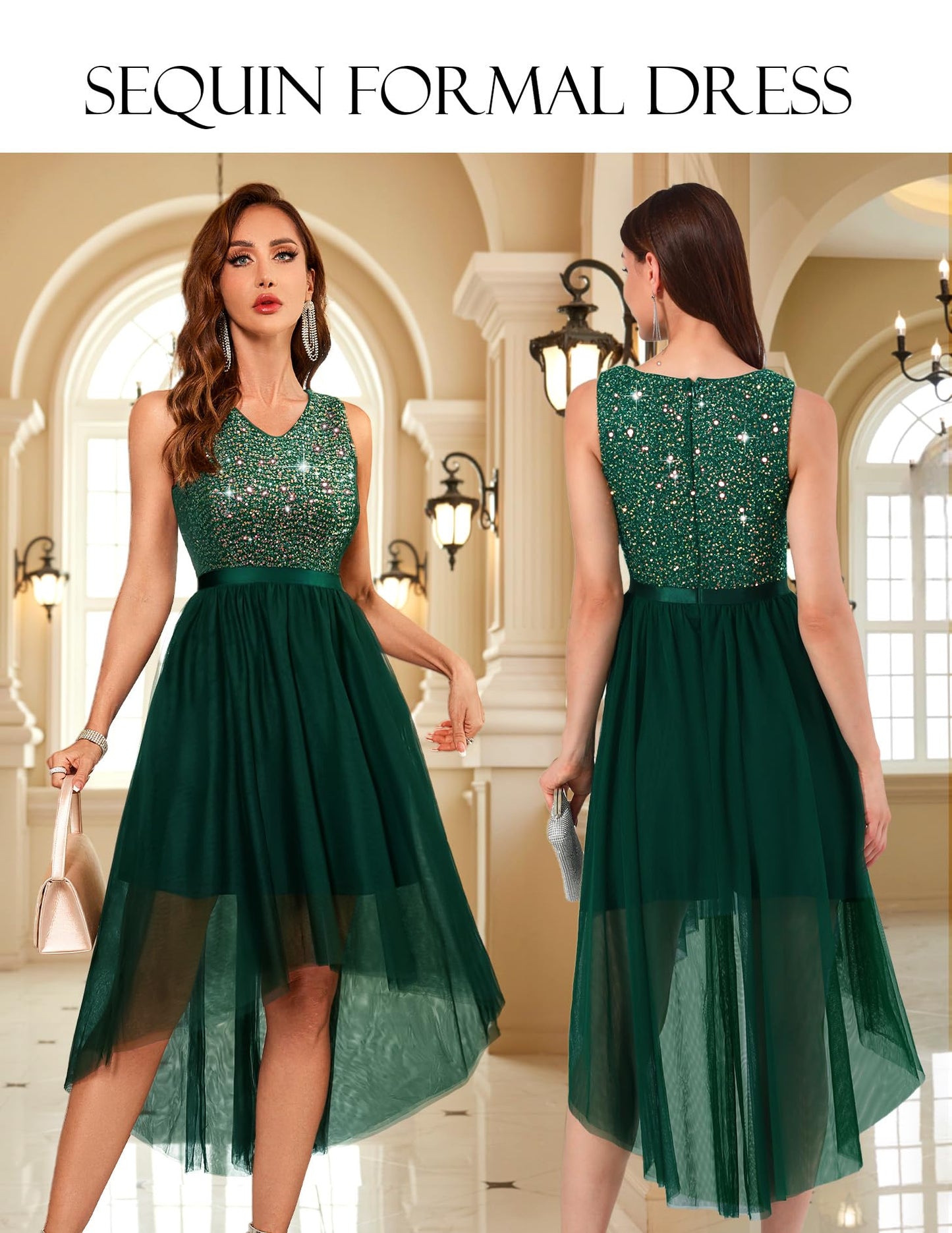 Berylove Kleid Festlich Damen Abendkleid mit Pailletten Cocktailkleid Ballkleid Lang Glitzer V Ausschnitt Ärmellos Tüllkleid
