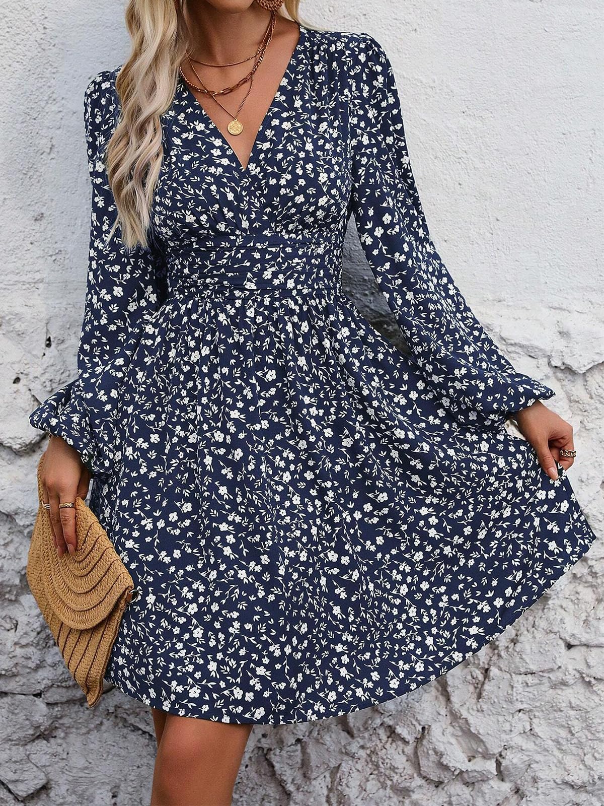 LIAMERHE Damen Elegant Kleid Langarm/Kurze Ärmel V-Ausschnitt Casual Kleider A-Linie Blumenmuster Minikleid Freizeitkleider Sommer Herbst Winter Laternenärmeln Kleid Partykleid