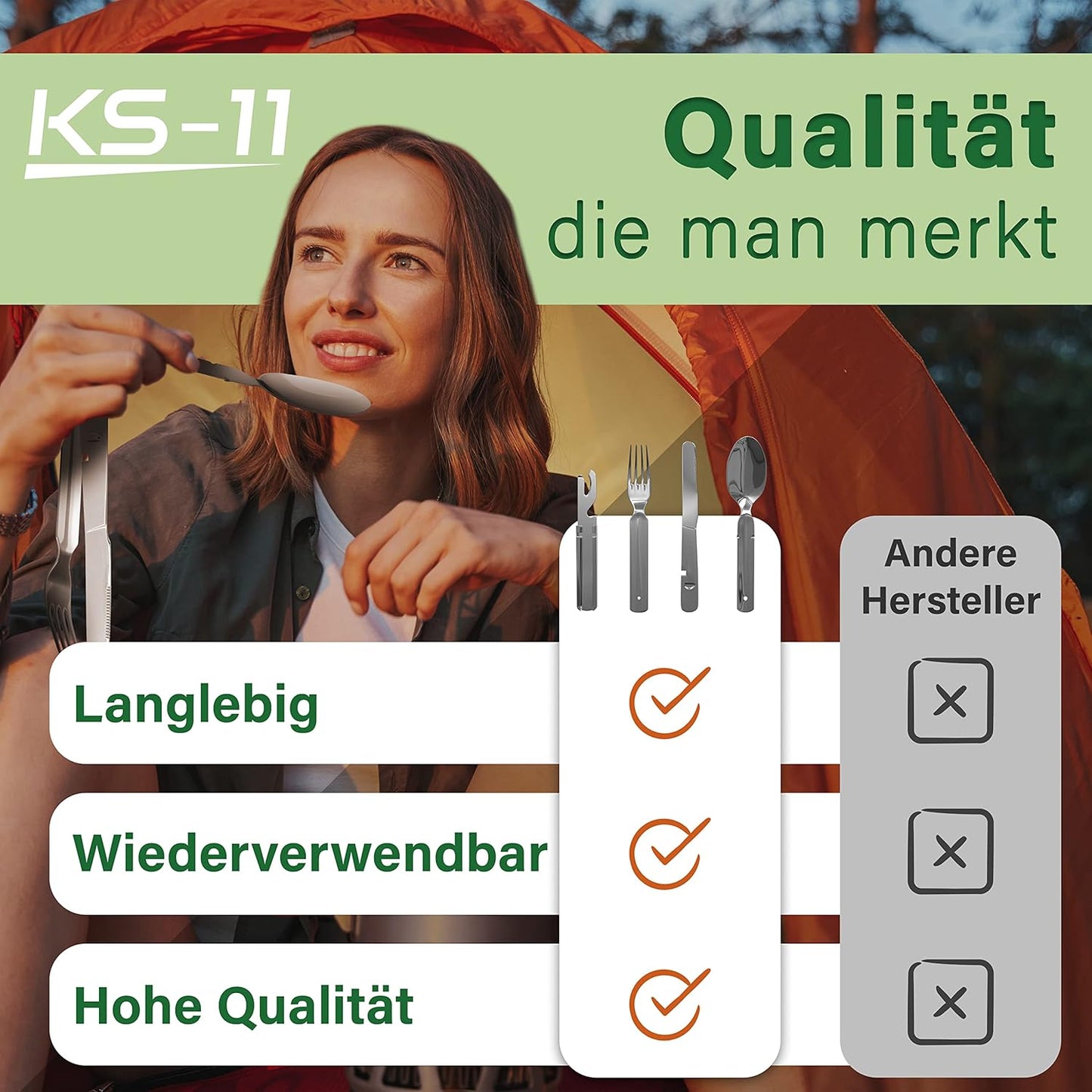 Klassisches Bundeswehr Edelstahl Besteck 4-Teilig Campingbesteck als Essbesteck Set zum Camping Besteckset Outdoor Besteck