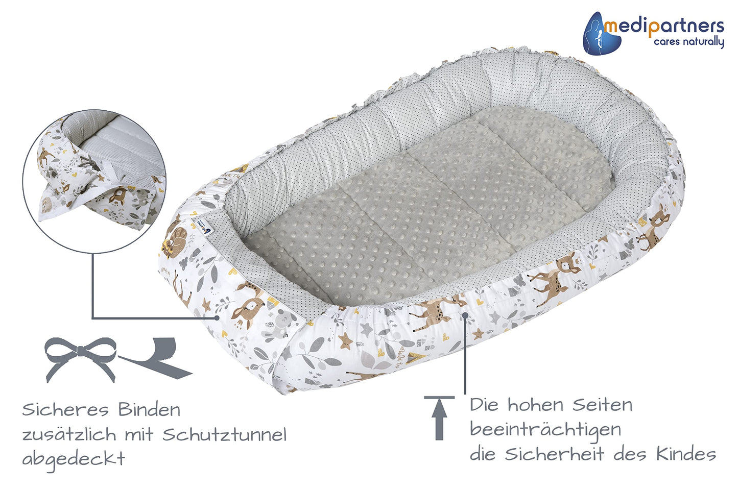 Medi Partners Babynest Nestchen Baby Set für Neugeborene - 100x60x15 Kuschelnest 5 teilig tragbar Nest zweiseitig Babynestchen Bett 100% Baumwolle (Lichtung mit grauem Minky)