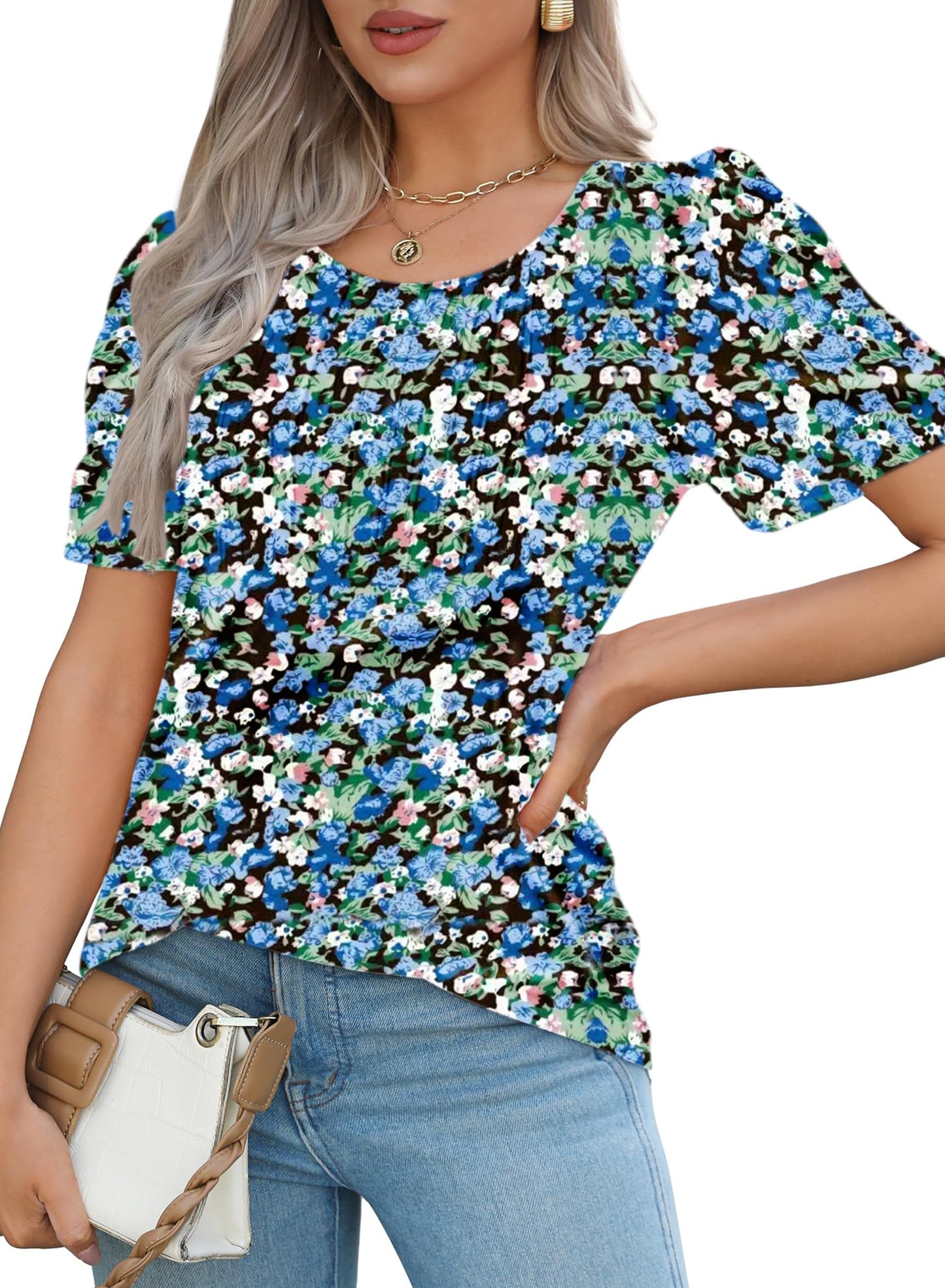 Cuptacc Tshirt Damen Rundhals Mit Falten Locker Puffärmel T-Shirt Elegant Kurzarm Geblümt/Einfarbig Top Damen