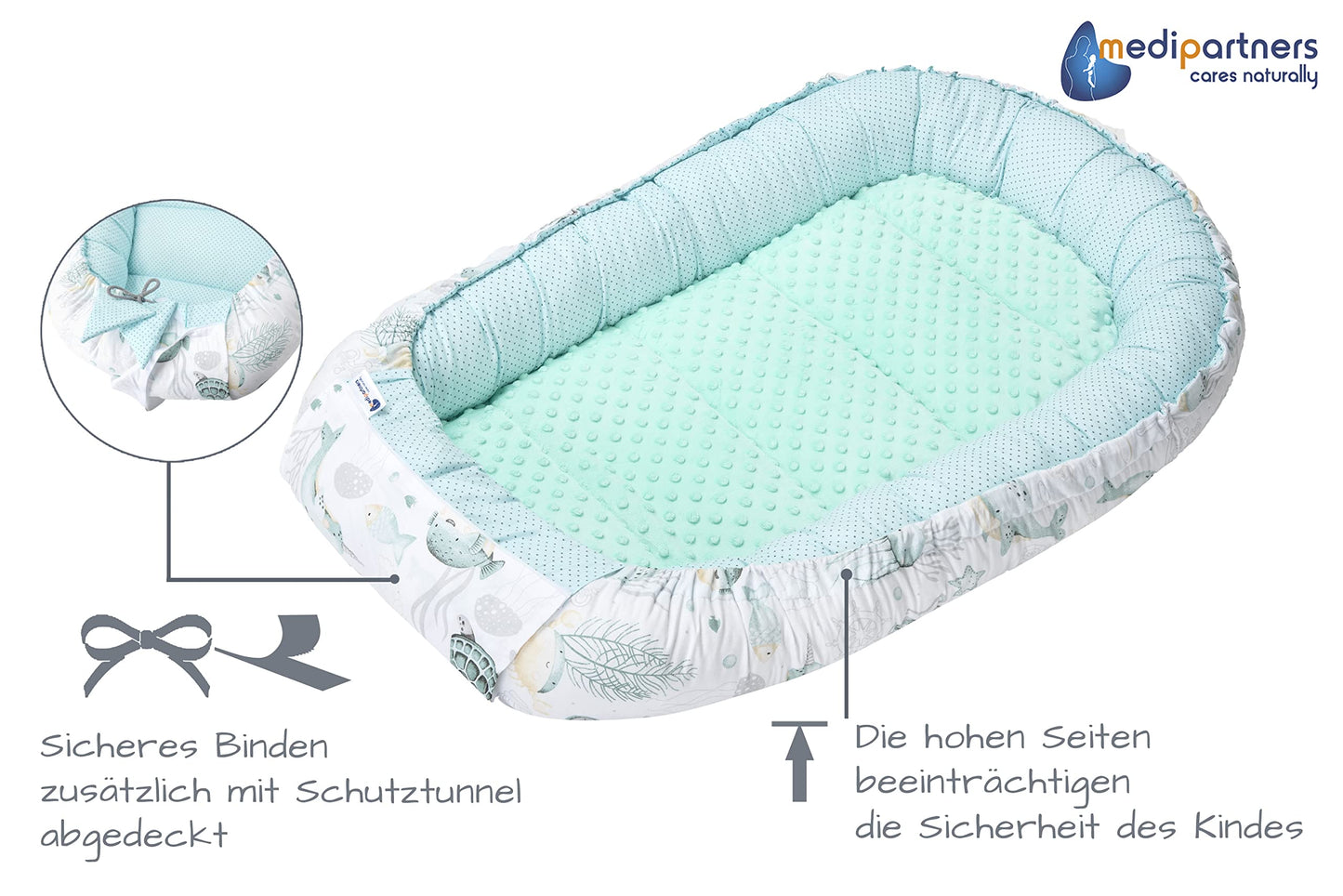 Medi Partners Babynest Nestchen Baby Set für Neugeborene - 100x60x15 Kuschelnest 5 teilig tragbar Nest zweiseitig Babynestchen Bett 100% Baumwolle (Lichtung mit grauem Minky)