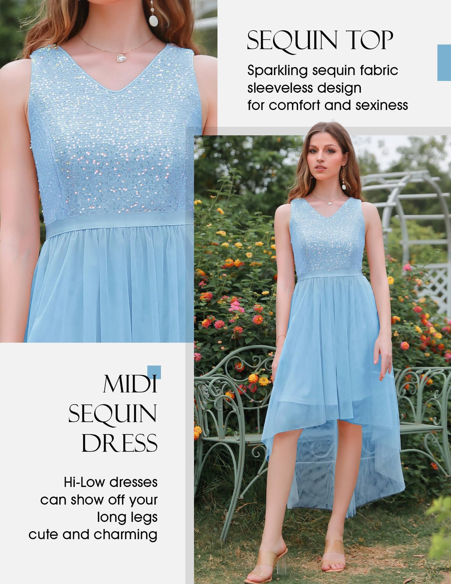 Berylove Kleid Festlich Damen Abendkleid mit Pailletten Cocktailkleid Ballkleid Lang Glitzer V Ausschnitt Ärmellos Tüllkleid