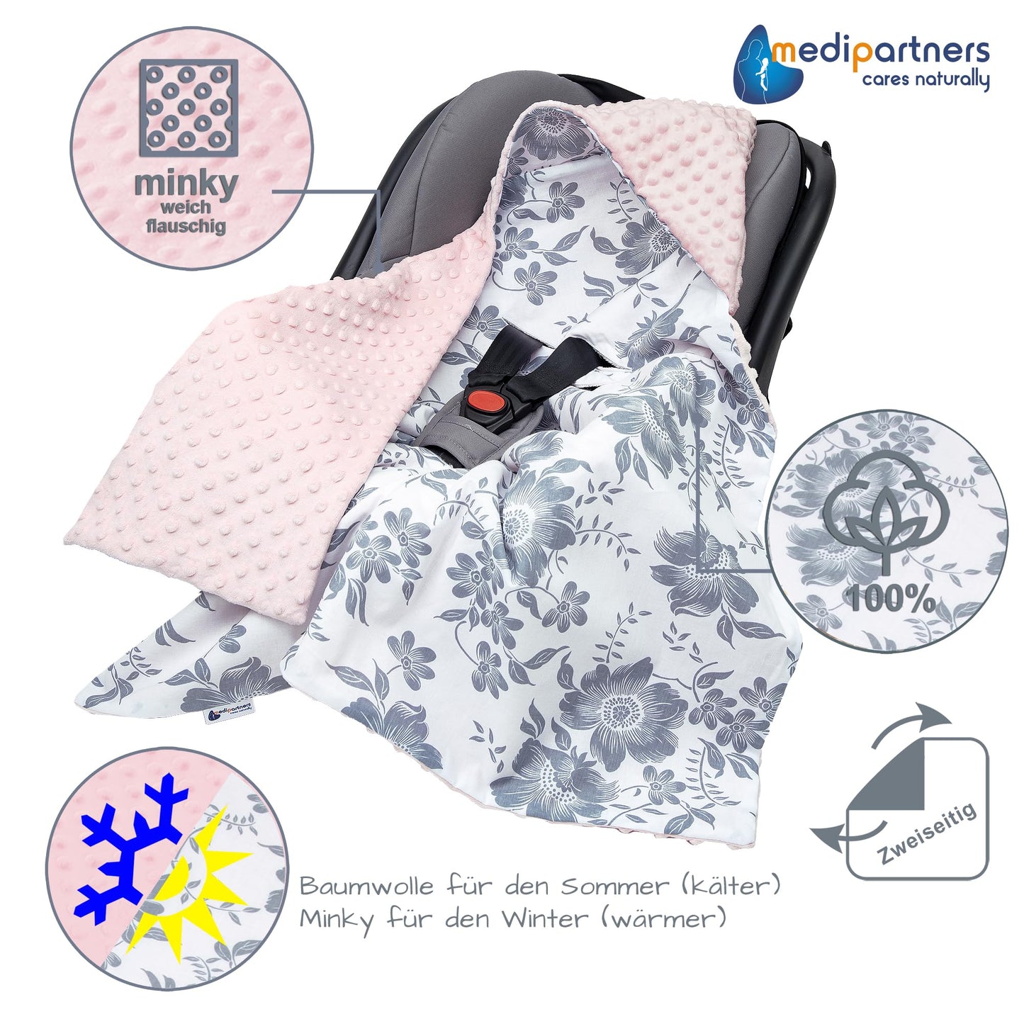Medi Partners Einschlagdecke Baby Babyschale 100% Baumwolle für Sommer 85x85cm Kinderwagen Kuscheldecke universal Baby Decke Einschlagdecken Babydecke Buggy Autositz (weiße Sterne mit grauen Minky