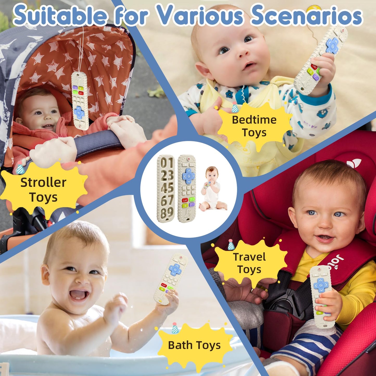 Zahnen Beißringe Spielzeug für Babys 0-6-12 Monate Geschenke, Fernbedienung Baby Zahnungshilfe für 3 6 9 Monate Kleinkind Autismus, Lebensmittelqualität Silikon Badespielzeug, Schwarz