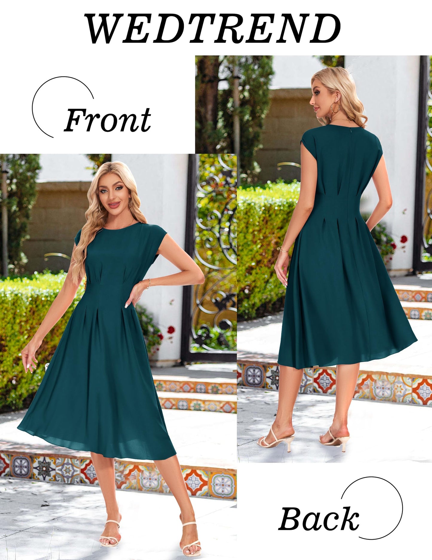 Wedtrend Cocktailkleid Damen Elegant Rockabilly Kleider Damen Midi Cap Sleeves Kleid Festlich Damen 50er Vintage A Linie Abendkleid mit Taschen