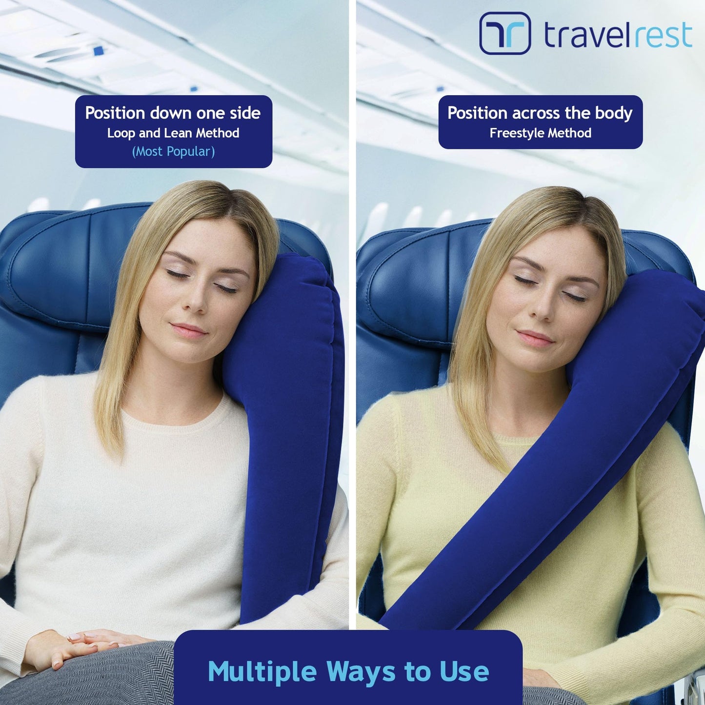 TRAVELREST Ultimatives Reisekissen für Nacken und Körper, Flugzeug- und Autositze, aufblasbar, platzsparend, zum Schlafen auf Langen Flügen, Nickerchen auf Roadtrips, für Reisen im Auto und Bus, blau