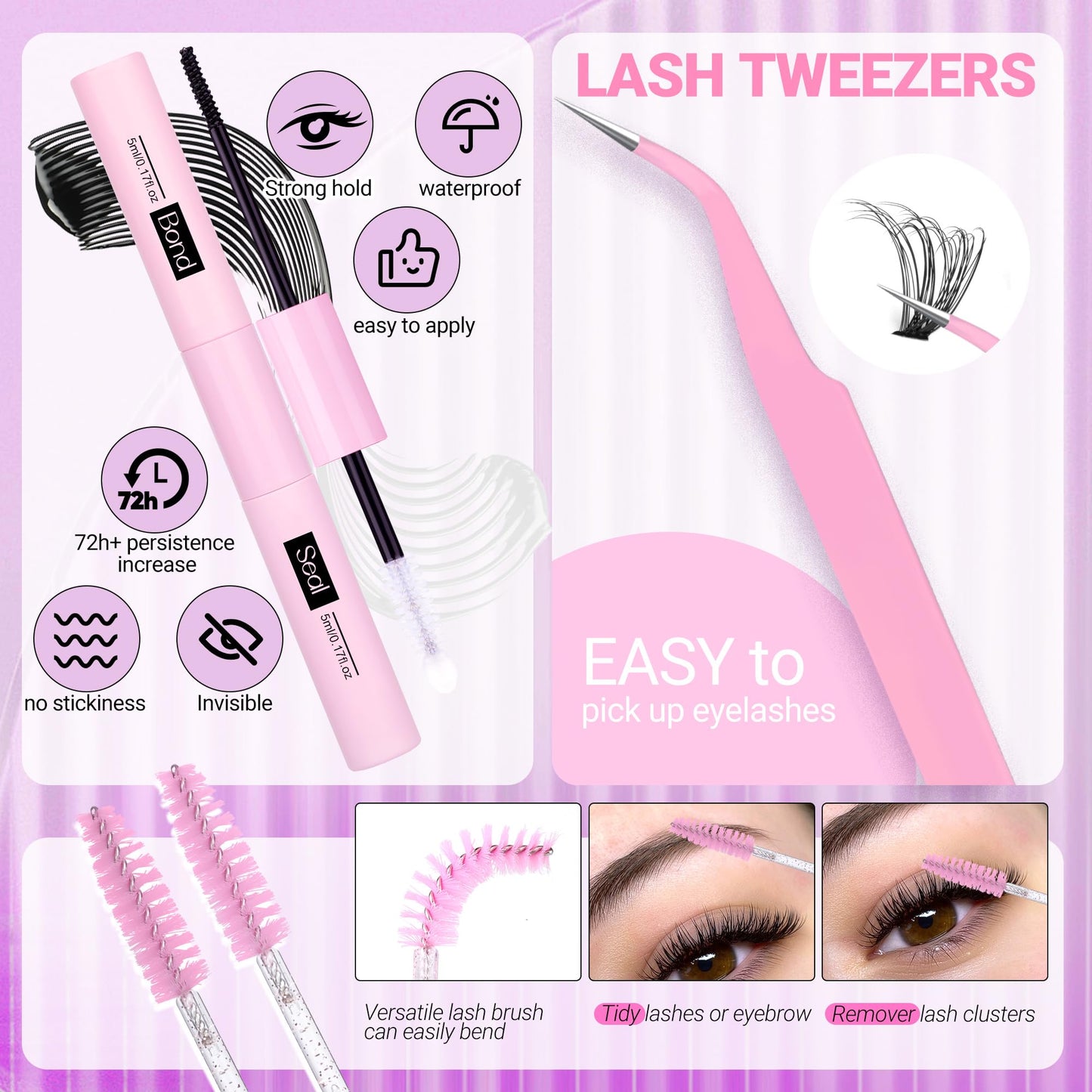 Wimpern Extensions Set Künstliche Wimpern Natürliche DIY Wimpernverlängerung Cluster Wimpern 16MM Individuelle Lashes Kit 40D Nerz Wimpern Fluffy mit Lash Bond und Seal Lash Tweezers
