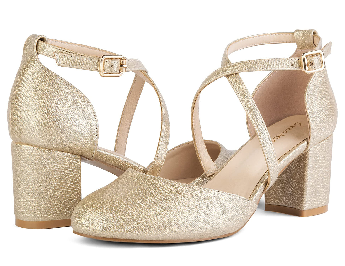 Greatonu Damen Pumps Riemchenpumps Spangenpumps Sandale mit Kreuz Knöchelriemen Blockabsatz Geschlossener Spitze Glitzer Pumps - Perfekt für Hochzeiten und Partys