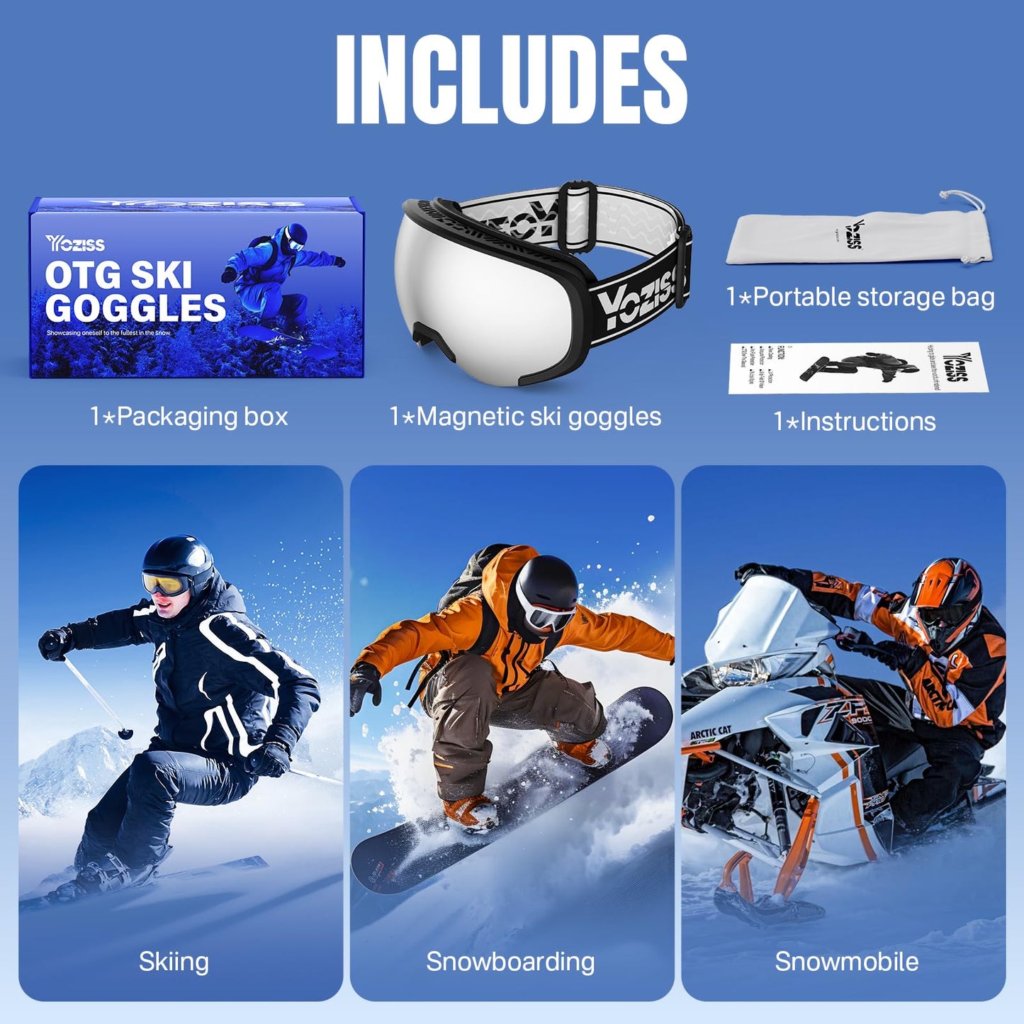 YOZISS OTG Ski Goggles for Men and Women, Magnetic Snowboard Goggles Anti-Fog & 100% UV Protection, OTG Ski Goggles Snow Goggles for Skiing & Winter Sports