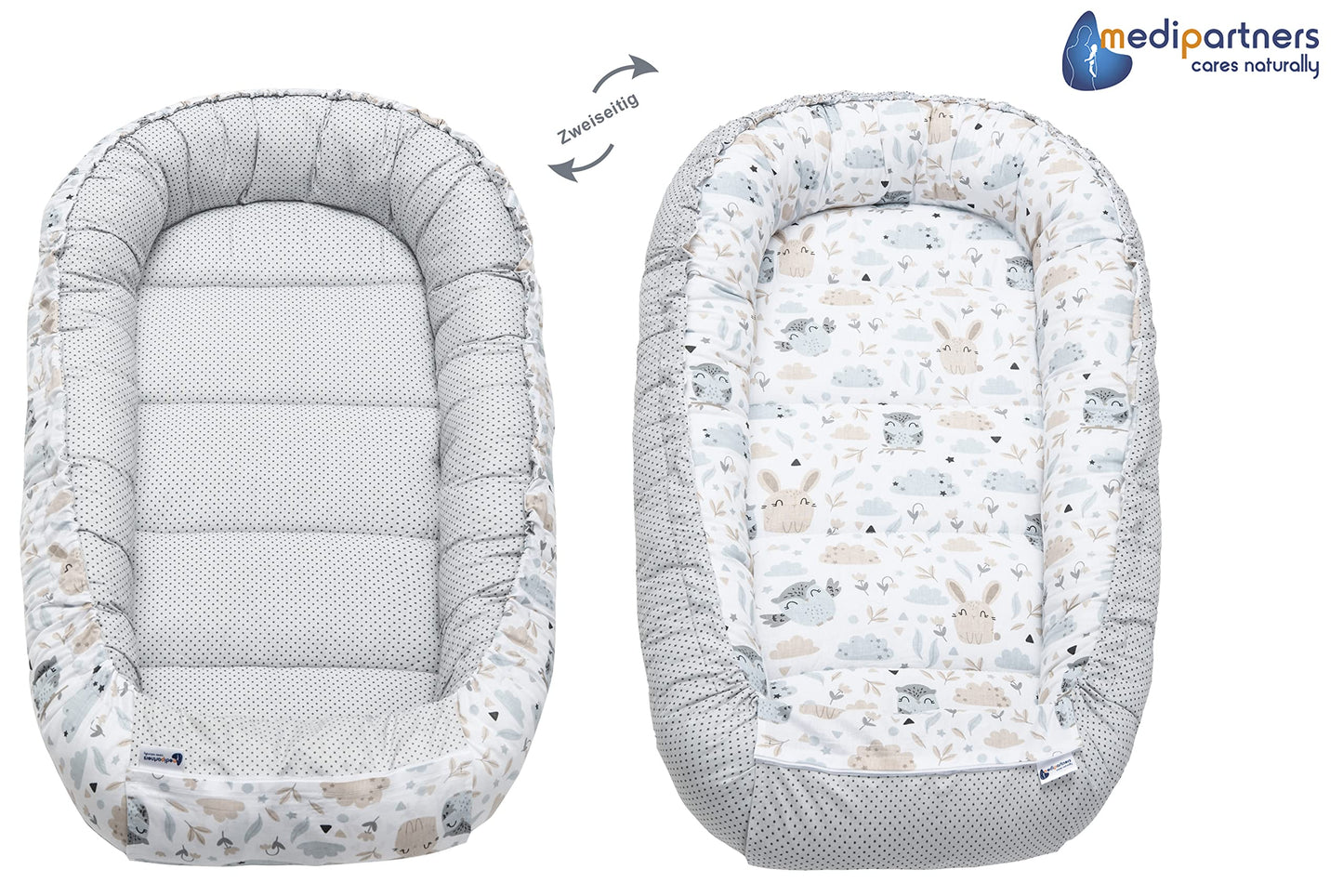 Medi Partners Babynest Nestchen Baby Set für Neugeborene - 100x60x15 Kuschelnest 5 teilig tragbar Nest zweiseitig Babynestchen Bett 100% Baumwolle (Lichtung mit grauem Minky)