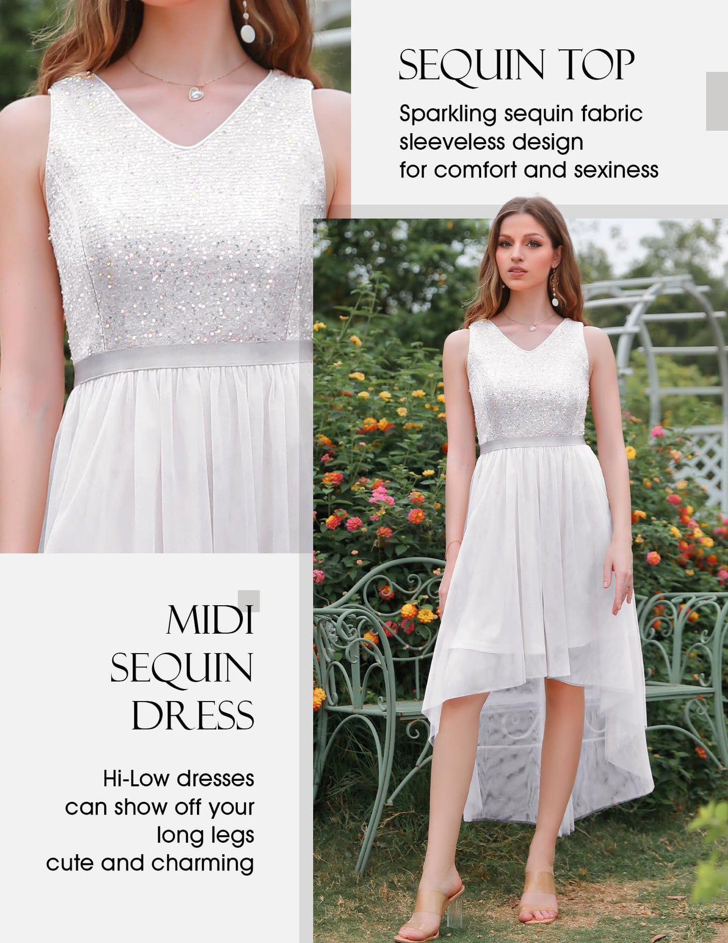 Berylove Kleid Festlich Damen Abendkleid mit Pailletten Cocktailkleid Ballkleid Lang Glitzer V Ausschnitt Ärmellos Tüllkleid