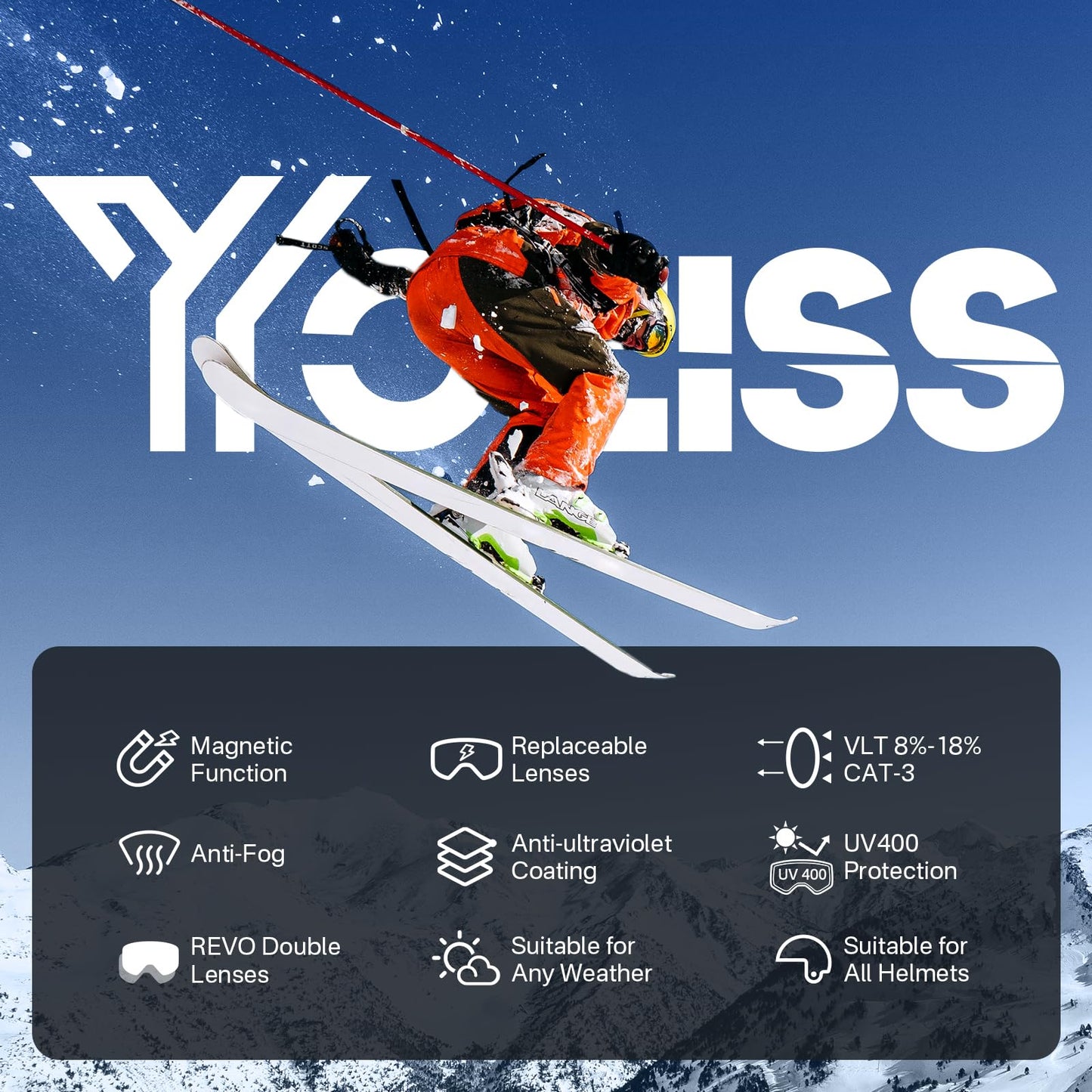 YOZISS OTG Ski Goggles for Men and Women, Magnetic Snowboard Goggles Anti-Fog & 100% UV Protection, OTG Ski Goggles Snow Goggles for Skiing & Winter Sports