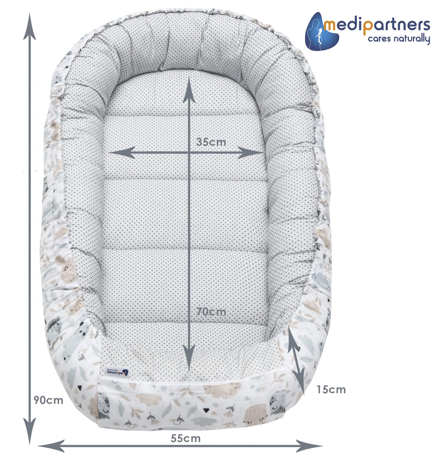 Medi Partners Babynest Nestchen Baby Set für Neugeborene - 100x60x15 Kuschelnest 5 teilig tragbar Nest zweiseitig Babynestchen Bett 100% Baumwolle (Lichtung mit grauem Minky)