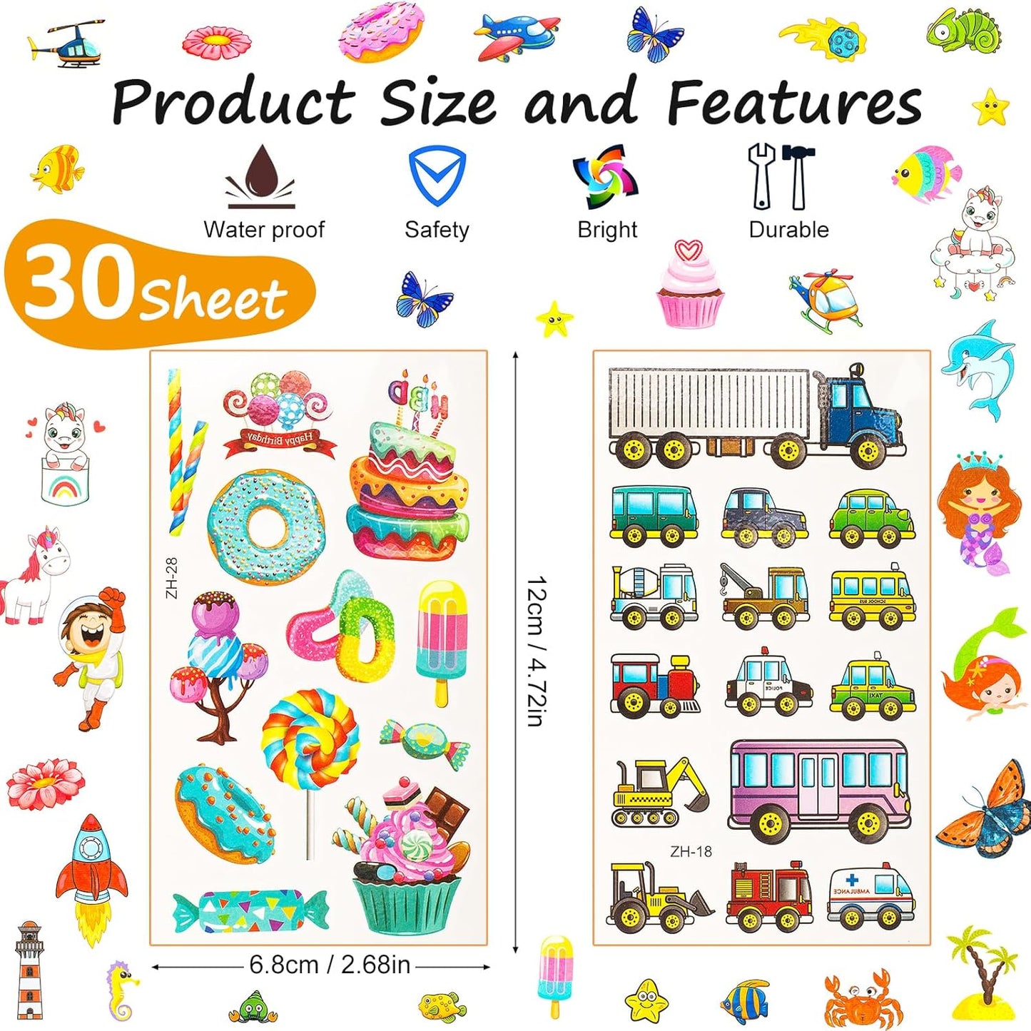 Habett Children's Tattoo Set 300+ Girls Boys Temporary Children's Tattoos Dinosaur Space Animals Butterfly Fish Adhesive Tattoos for Children's Birthday Party Birthday Decoration Party Decoration
