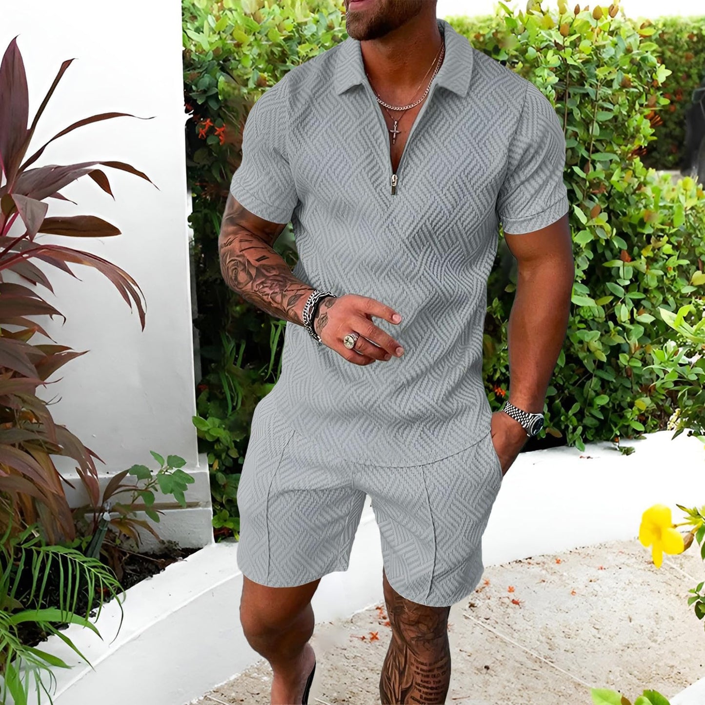 Herren Sportanzug Sommer Trainingsanzug Kurzarm Reißverschluss Top und Shorts Kleidung Set