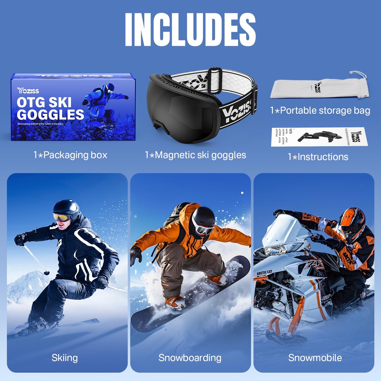 YOZISS OTG Ski Goggles for Men and Women, Magnetic Snowboard Goggles Anti-Fog & 100% UV Protection, OTG Ski Goggles Snow Goggles for Skiing & Winter Sports