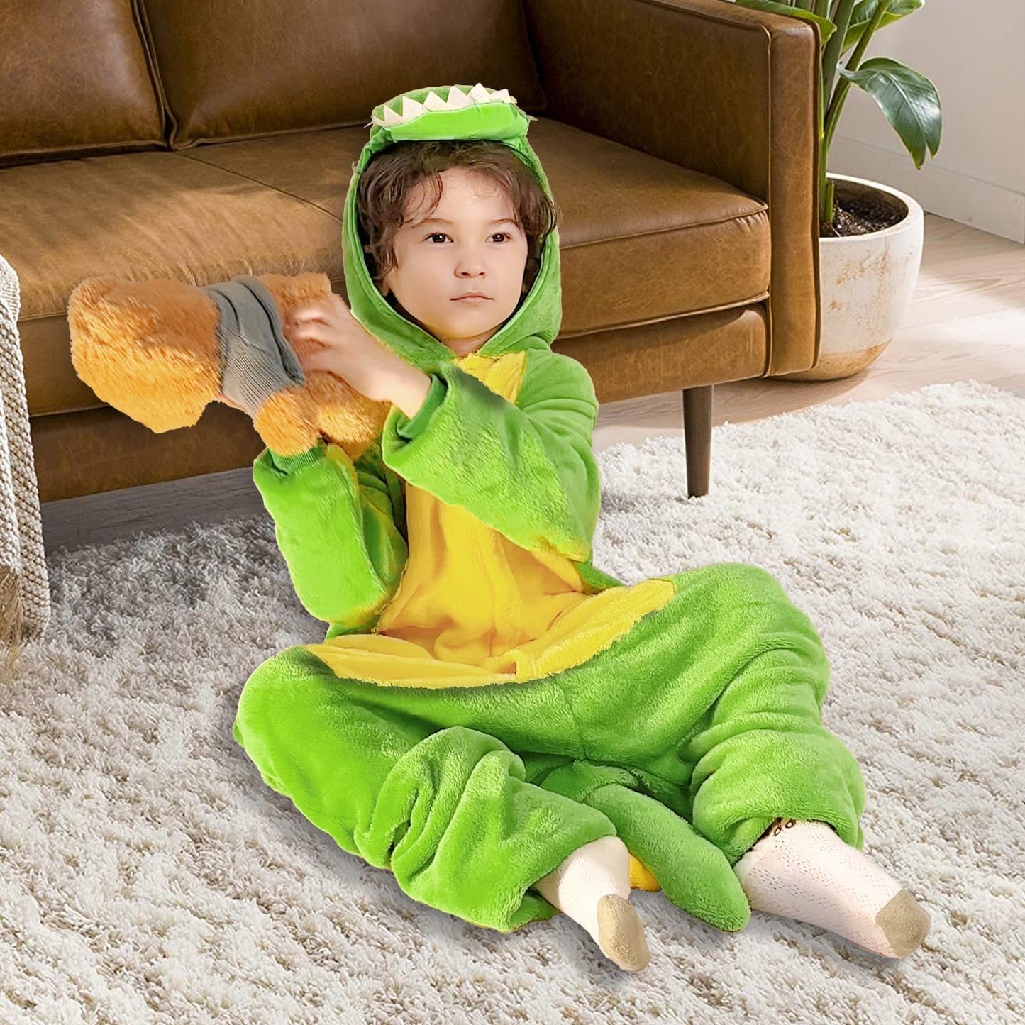 Dino Onesie Kinder Dinosaurier Kostüm Pyjamas Schlafanzug Jumpsuit mit Kapuze- Tier Schlafoverall Kleidung Outfit Drachen Flanell Sleepwear Overall für Mädchen Jungen Halloween Karneval Cosplay Party