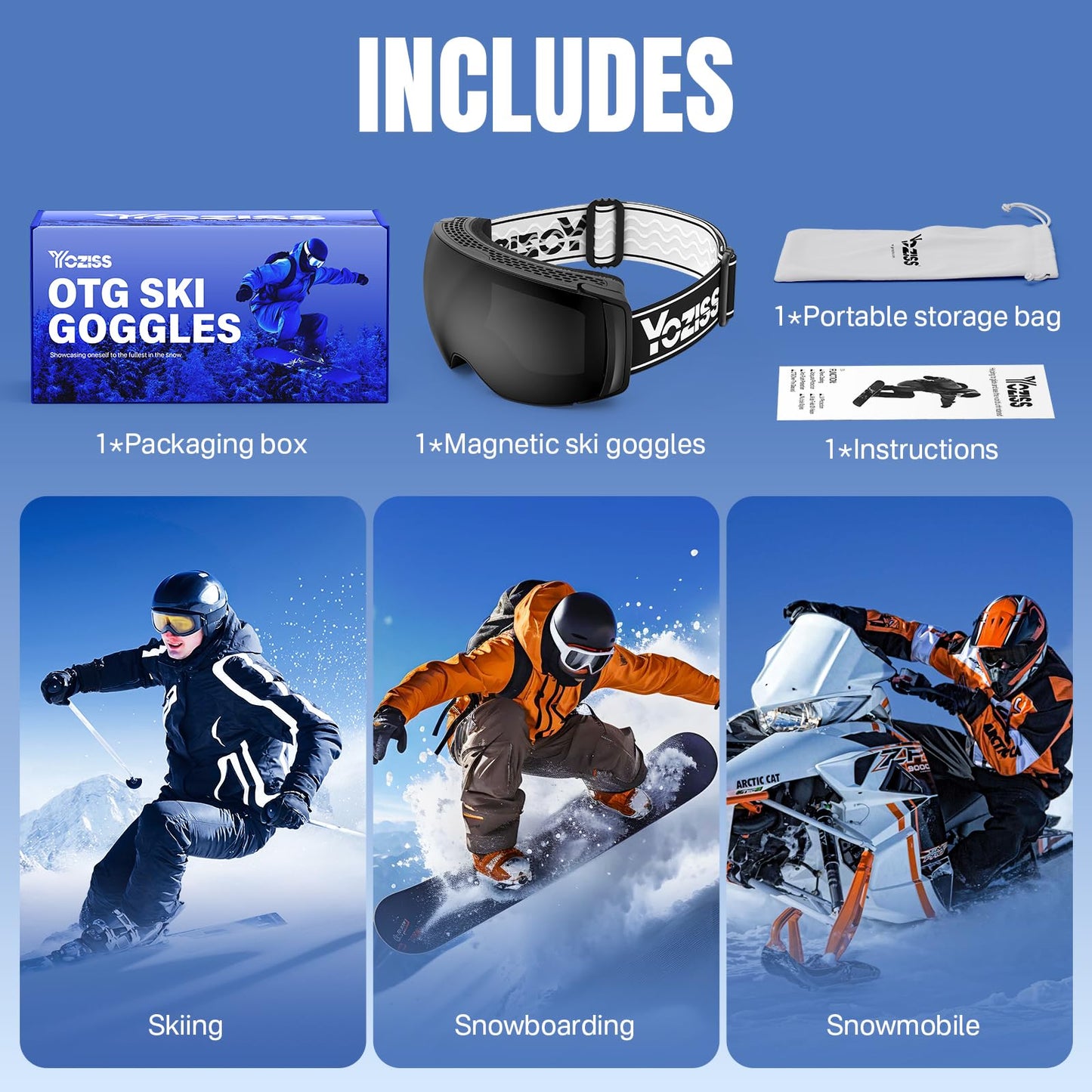 YOZISS OTG Ski Goggles for Men and Women, Magnetic Snowboard Goggles Anti-Fog & 100% UV Protection, OTG Ski Goggles Snow Goggles for Skiing & Winter Sports