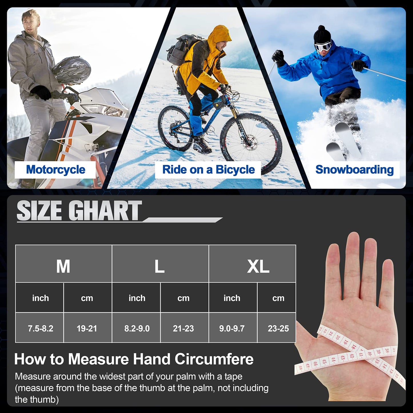 Winter Gloves, Waterproof Warm Touchscreen Gloves for Men and Women, Ski Gloves, Cycling Gloves for Riding, Running, Motorcycle, Hiking, Cycling
