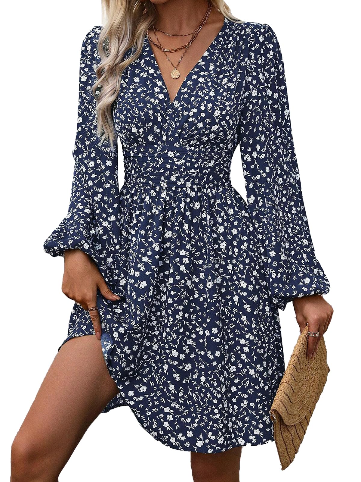 LIAMERHE Damen Elegant Kleid Langarm/Kurze Ärmel V-Ausschnitt Casual Kleider A-Linie Blumenmuster Minikleid Freizeitkleider Sommer Herbst Winter Laternenärmeln Kleid Partykleid