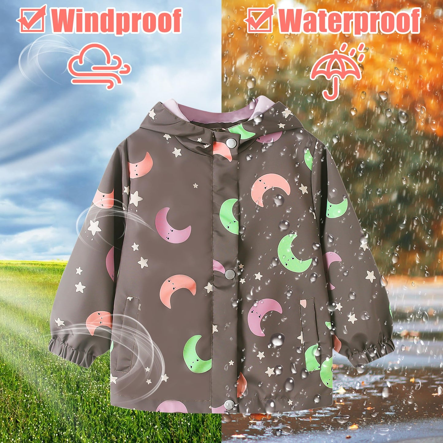 JinBei Children's Waterproof Jacket Children's Hooded Coat Windproof Jackets Long Sleeve Jacket Outdoor Lightweight Zip Coat for Boys & Girls Size 98-134