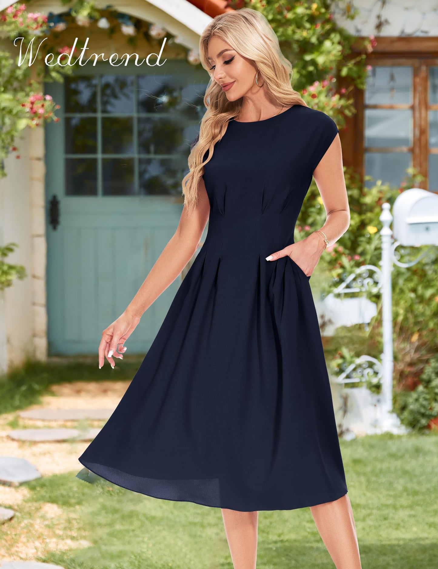 Wedtrend Cocktailkleid Damen Elegant Rockabilly Kleider Damen Midi Cap Sleeves Kleid Festlich Damen 50er Vintage A Linie Abendkleid mit Taschen