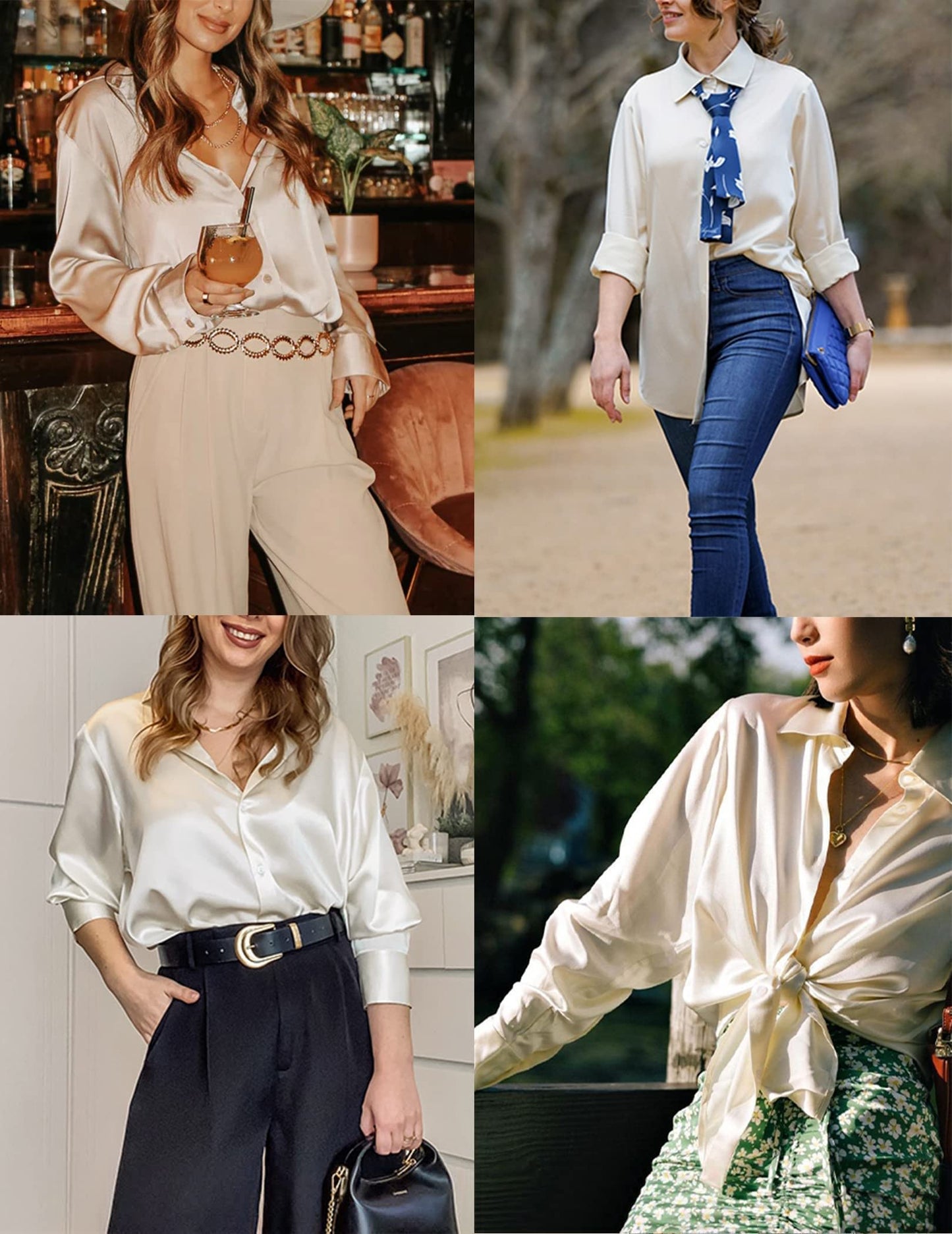 Beyove Damen Bluse Satin Seide V-Ausschnitt Hemden Elegant Langarm Business Oberteile mit Knöpfen Tops Lose Langarmshirt