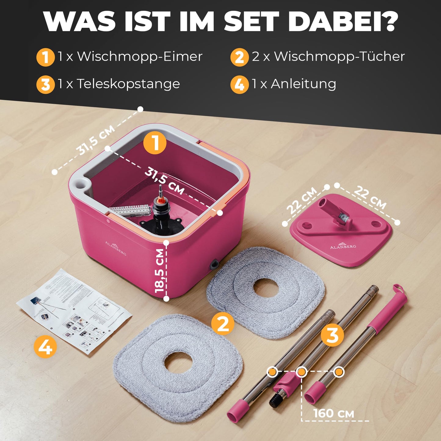 ALANBERG® Wischmopp Set mit Eimer – Zwei-Kammer-System – Trennung von Schmutz und Frischwasser – Bodenwischer für alle Bodentypen, Selbstauswringend, Mikrofaser Wischpads – Grau