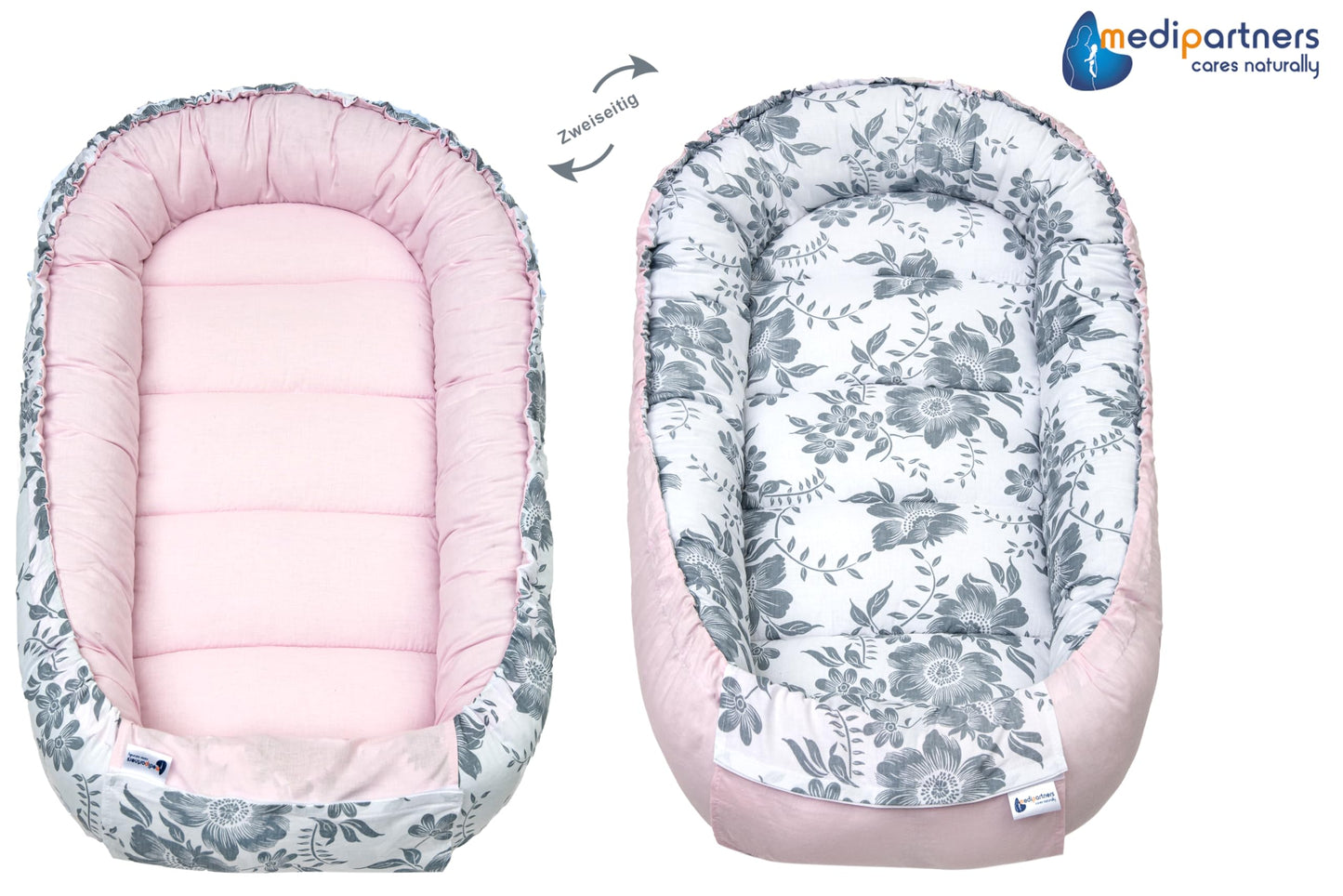 Medi Partners Babynest Nestchen Baby Set für Neugeborene - 100x60x15 Kuschelnest 5 teilig tragbar Nest zweiseitig Babynestchen Bett 100% Baumwolle (Lichtung mit grauem Minky)
