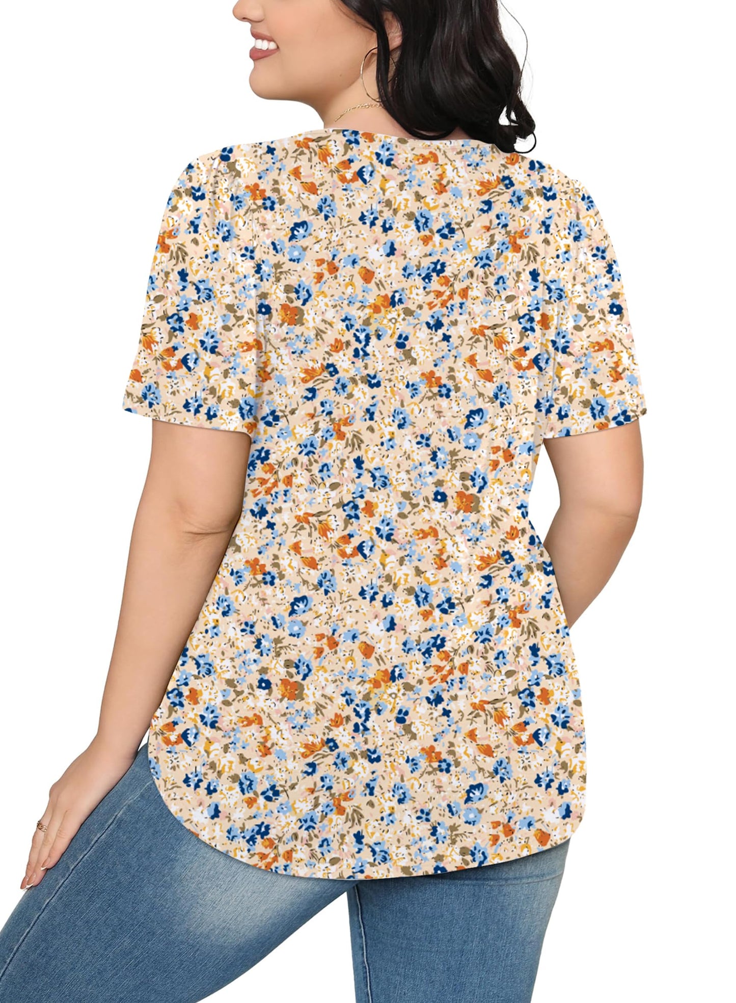 Cuptacc Tshirt Damen Rundhals Mit Falten Locker Puffärmel T-Shirt Elegant Kurzarm Geblümt/Einfarbig Top Damen