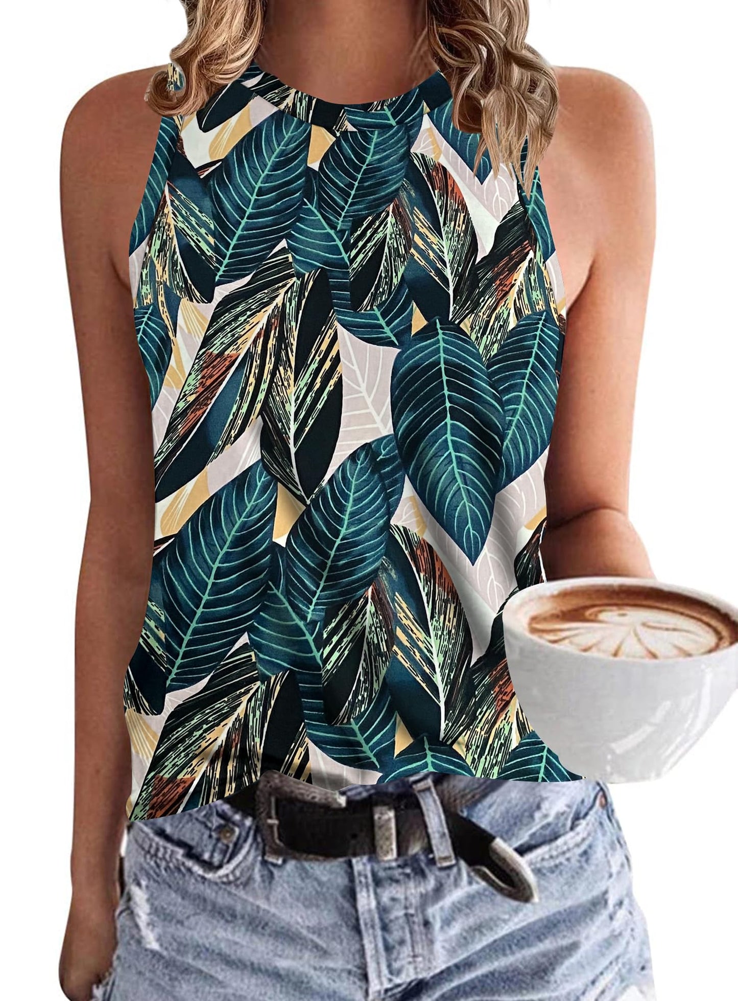 WNEEDU Damen Tank Top Ärmellos Oberteile Sommer Tanktops Rundhals Blusentop Vest Top Bluse