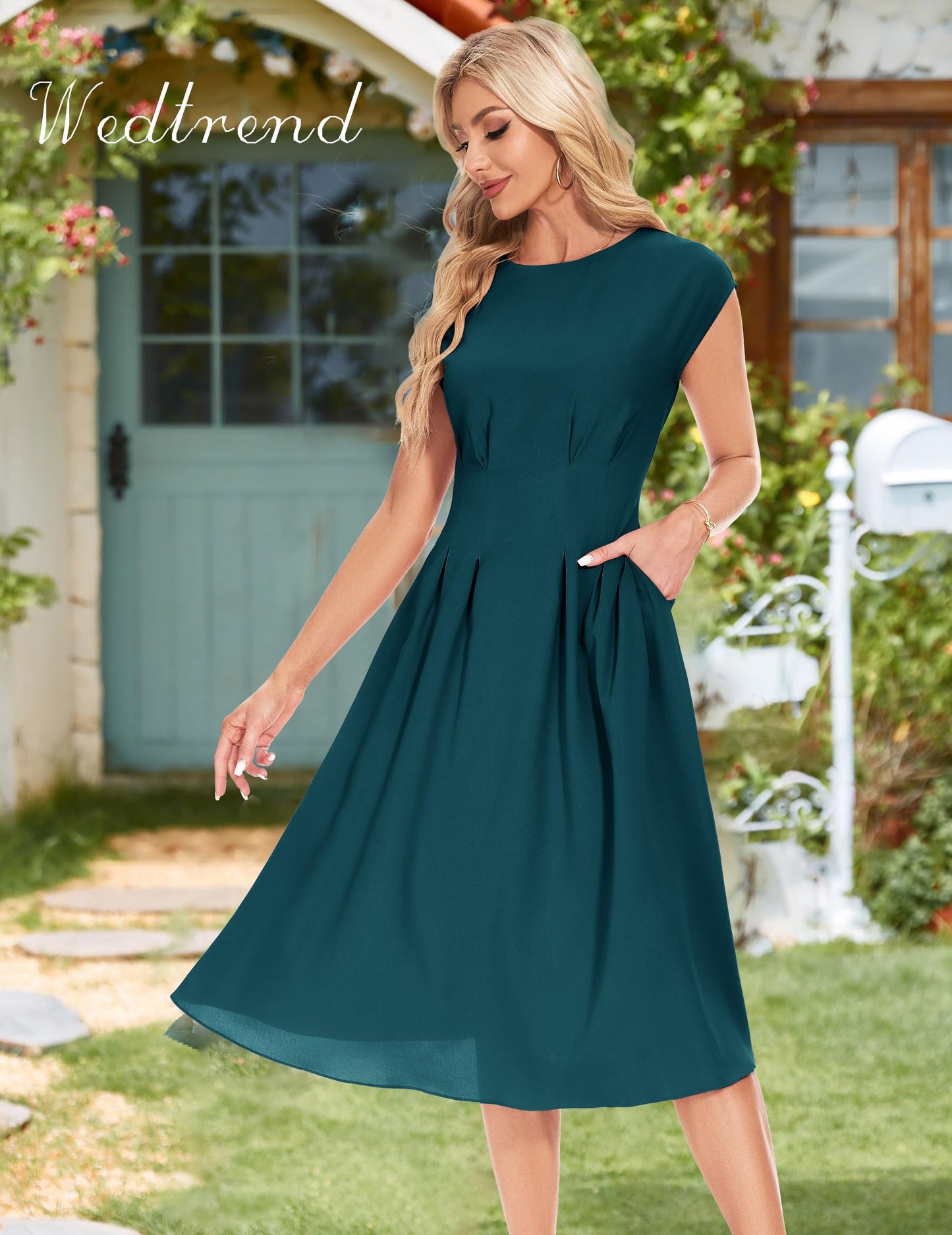 Wedtrend Cocktailkleid Damen Elegant Rockabilly Kleider Damen Midi Cap Sleeves Kleid Festlich Damen 50er Vintage A Linie Abendkleid mit Taschen