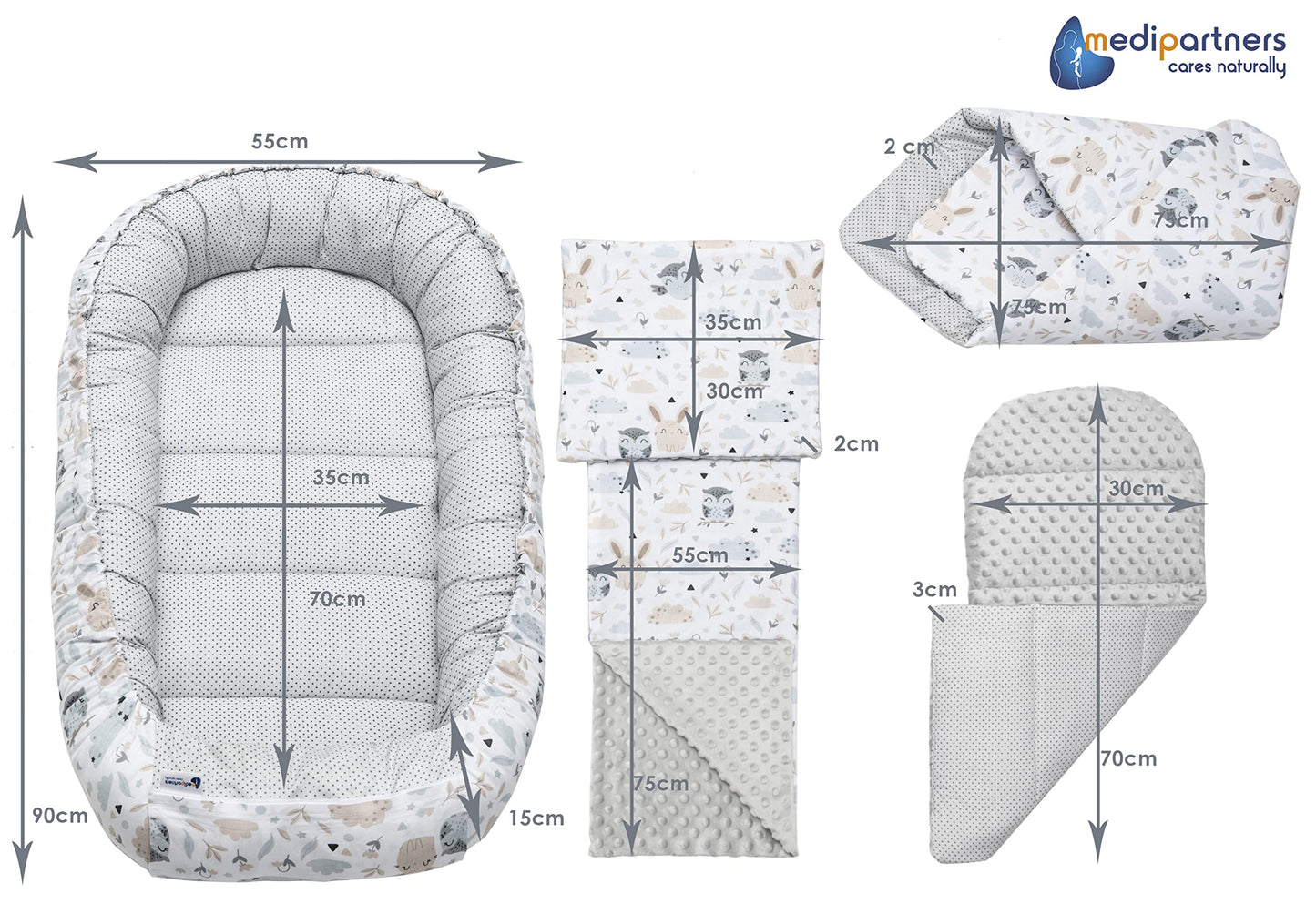 Medi Partners Babynest Nestchen Baby Set für Neugeborene - 100x60x15 Kuschelnest 5 teilig tragbar Nest zweiseitig Babynestchen Bett 100% Baumwolle (Lichtung mit grauem Minky)
