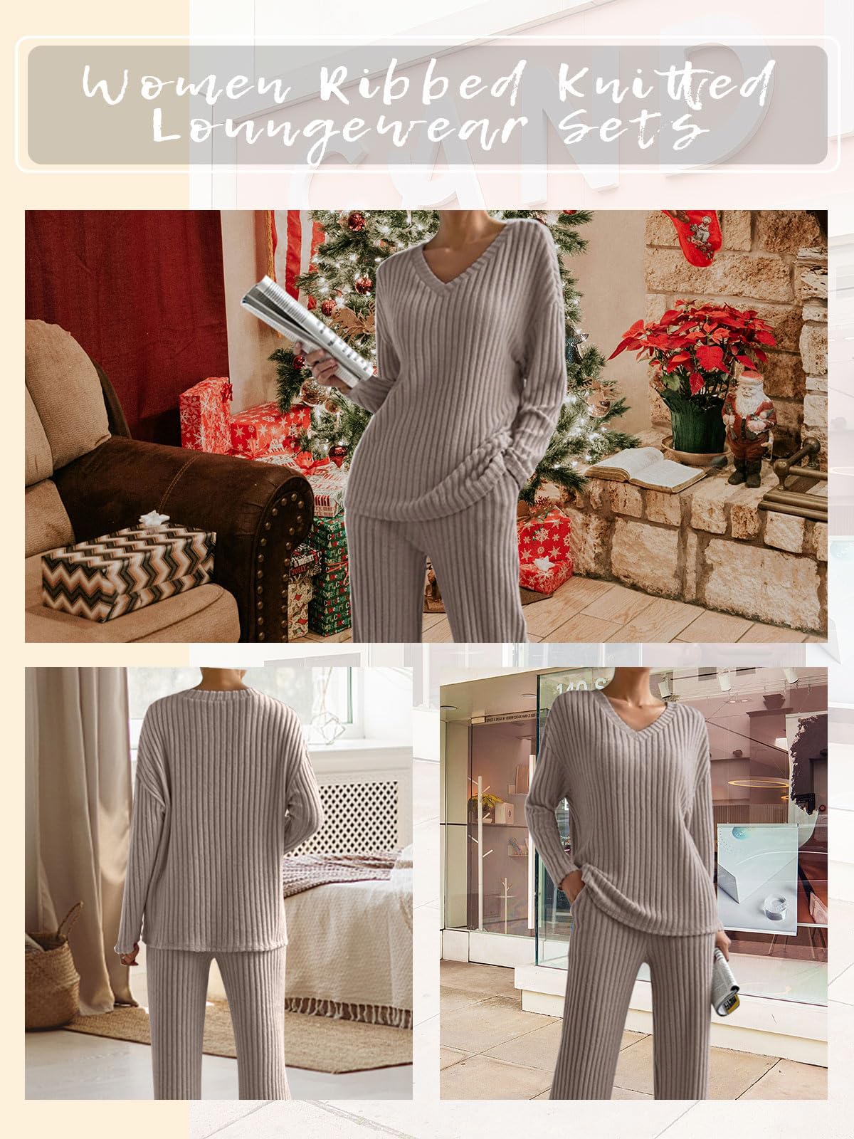 CheChury Zweiteiler Damen Lounge Set V-Ausschnitt Einfarbig Loungewear Gerippt Shirt Top Langärm mit Hose 2-Teiliges Hausanzug Jogginganzug Loungewear Nachtwäsche Hauskleidung Freizeit Outfit