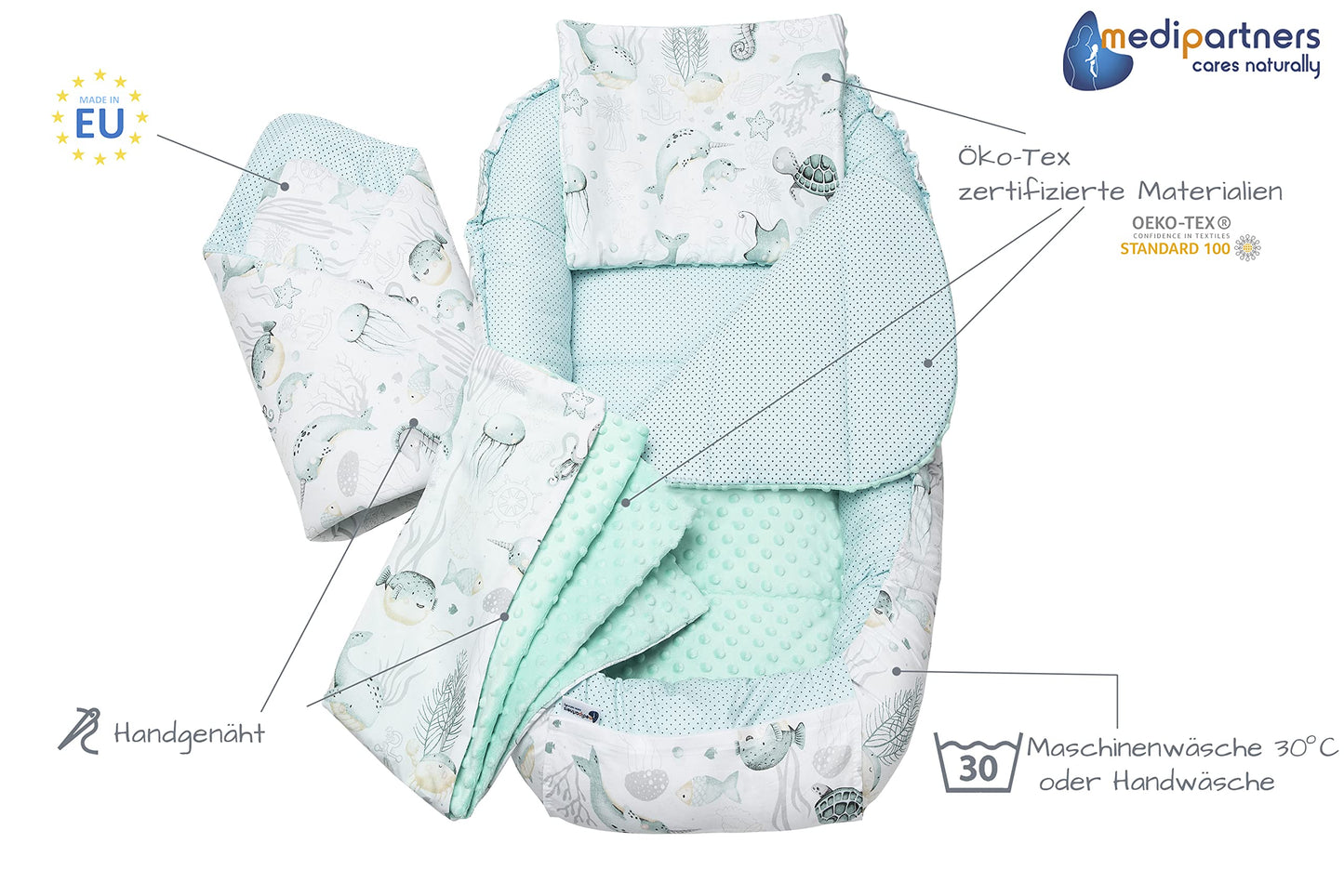 Medi Partners Babynest Nestchen Baby Set für Neugeborene - 100x60x15 Kuschelnest 5 teilig tragbar Nest zweiseitig Babynestchen Bett 100% Baumwolle (Lichtung mit grauem Minky)